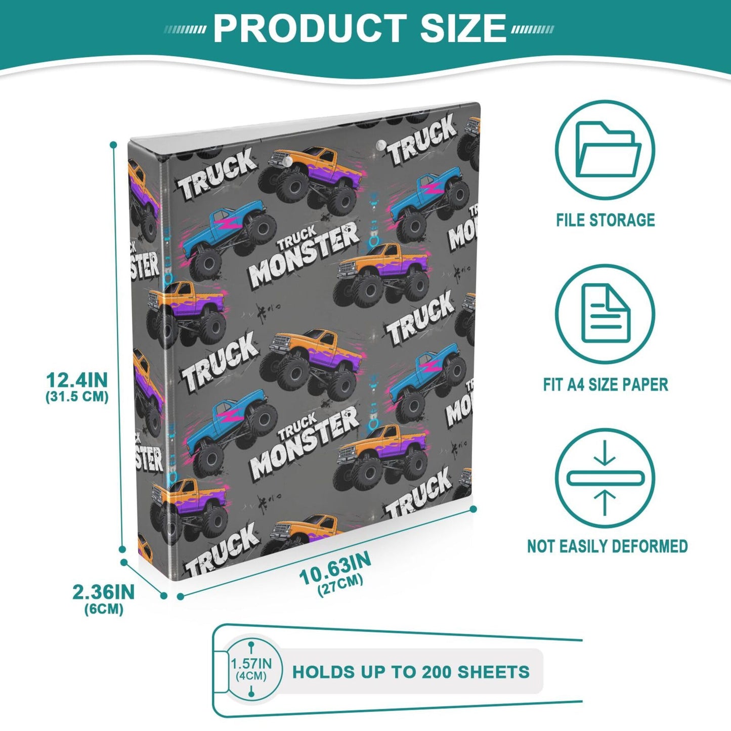 Monster Truck Black Round Ring Binders 1.5 Inch Racing Cars 3 Ring Clipboard Binder for Office School Work Supplies File Folder 200 Sheet Capacity