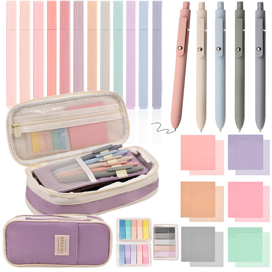 Aesthetic School Supplies with Pencil Pouch - 27Pcs Cute College Essentials Set, Big Capacity Pen Case, Pastel Highlighters, Bible Study Journaling Stationary, Annotation Kit Stuff Gift for Girls Teen