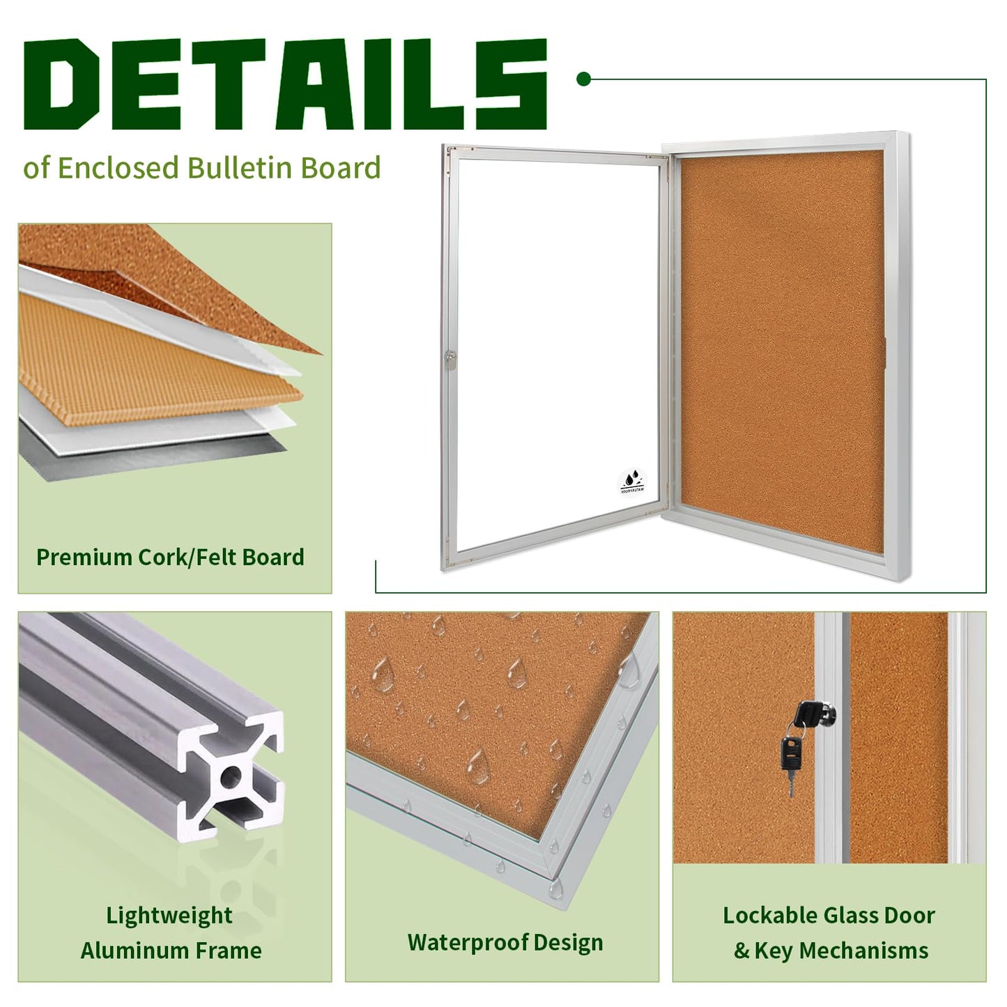 Lockable Outdoor Enclosed Bulletin Board, Weatherproof Cork Noticeboard with Locking Door, Wall-Mounted Aluminum Framed Display Case for Messages,36x24in (5xA4)