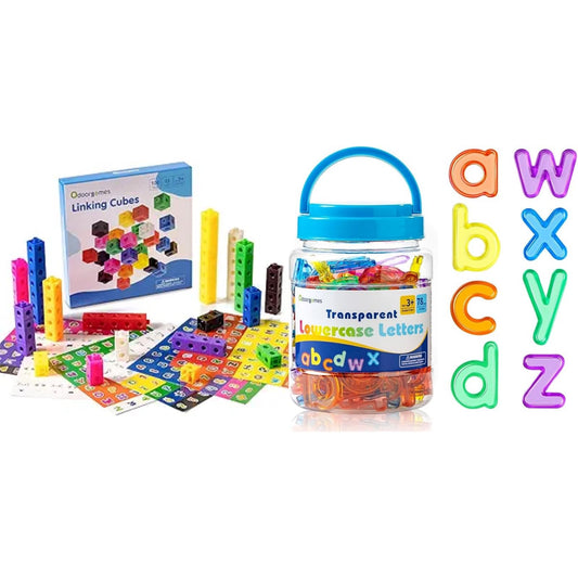 Odoorgames Number Block - Set of 100-78 Pcs Translucent Lowercase Letters - Educational Math Cubes for Kids Ages 4-8 - Counting Blocks for Math