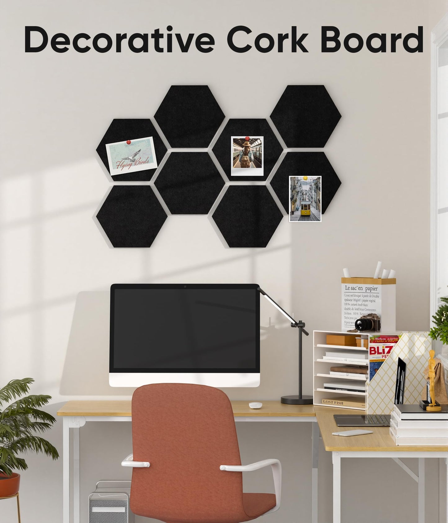 Toptople 12 Inch Large Hexagon Cork Board for Walls, 8 Pack Felt Bulletin Board Tiles, Pin Board with Push Pins for Office Photo and Note, Black