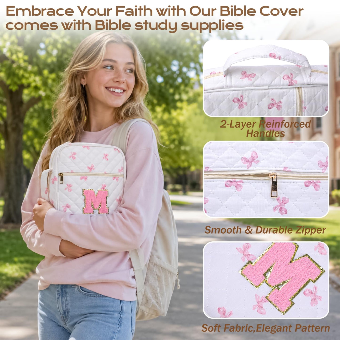 XKDOUS Bible Cover for Women Quilted Bible Bag Church Book Carrying Case with Letter M, Handle, Study Supplies Organizer Portable Church Book Carrier Christian Gifts for Mom, Lady