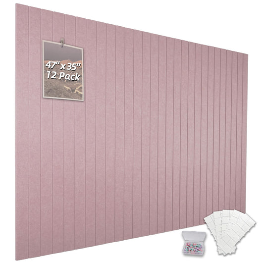 TENACR Cork Board Alternative-Felt Slat Wall Paneling,Office Bulletin Board for Decoration, Suitable for Displaying Photos and Documents, with Removable Adhesive Labels,12-Pack (Pink)