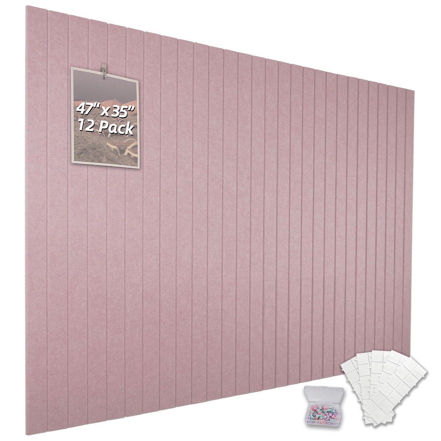 TENACR Cork Board Alternative-Felt Slat Wall Paneling,Office Bulletin Board for Decoration, Suitable for Displaying Photos and Documents, with Removable Adhesive Labels,12-Pack (Pink)