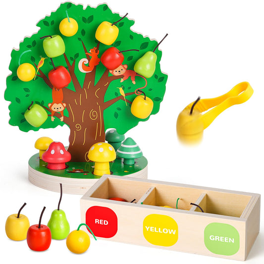 Woodtoe Toddler Fine Motor Skill Toys, Montessori Wooden Sensory Toys for Toddlers 3 4 5 6 Year Old, Apple Picking Magnetic Tree Toy, Color Sorting and Matching Game, Educational Learning Gift for Kid
