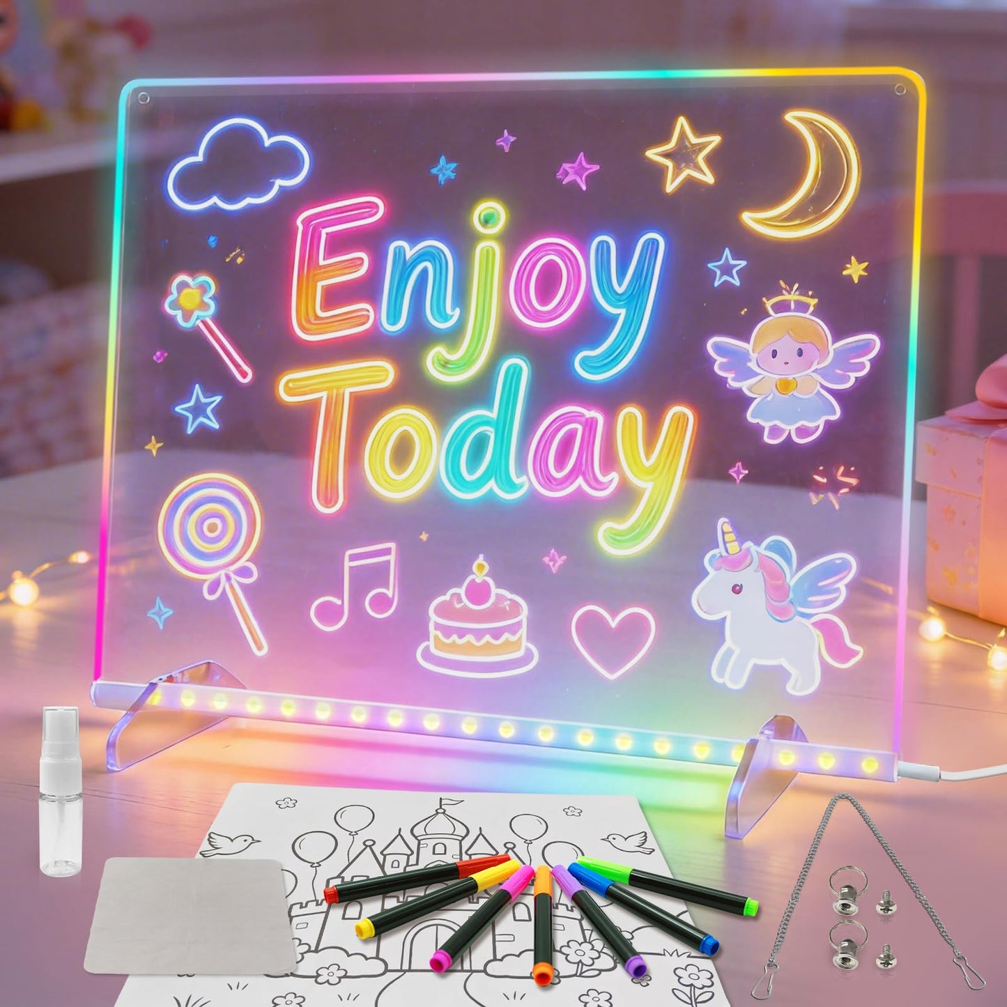 LED Note Board with Colors, 13.7"X10" 6 Modes & 8 Colors Acrylic Dry Erase Boards with Light, Led Drawing Board for Kids with Stand,Birthday Holiday Day Gifts for Girls & Boys Age 3+