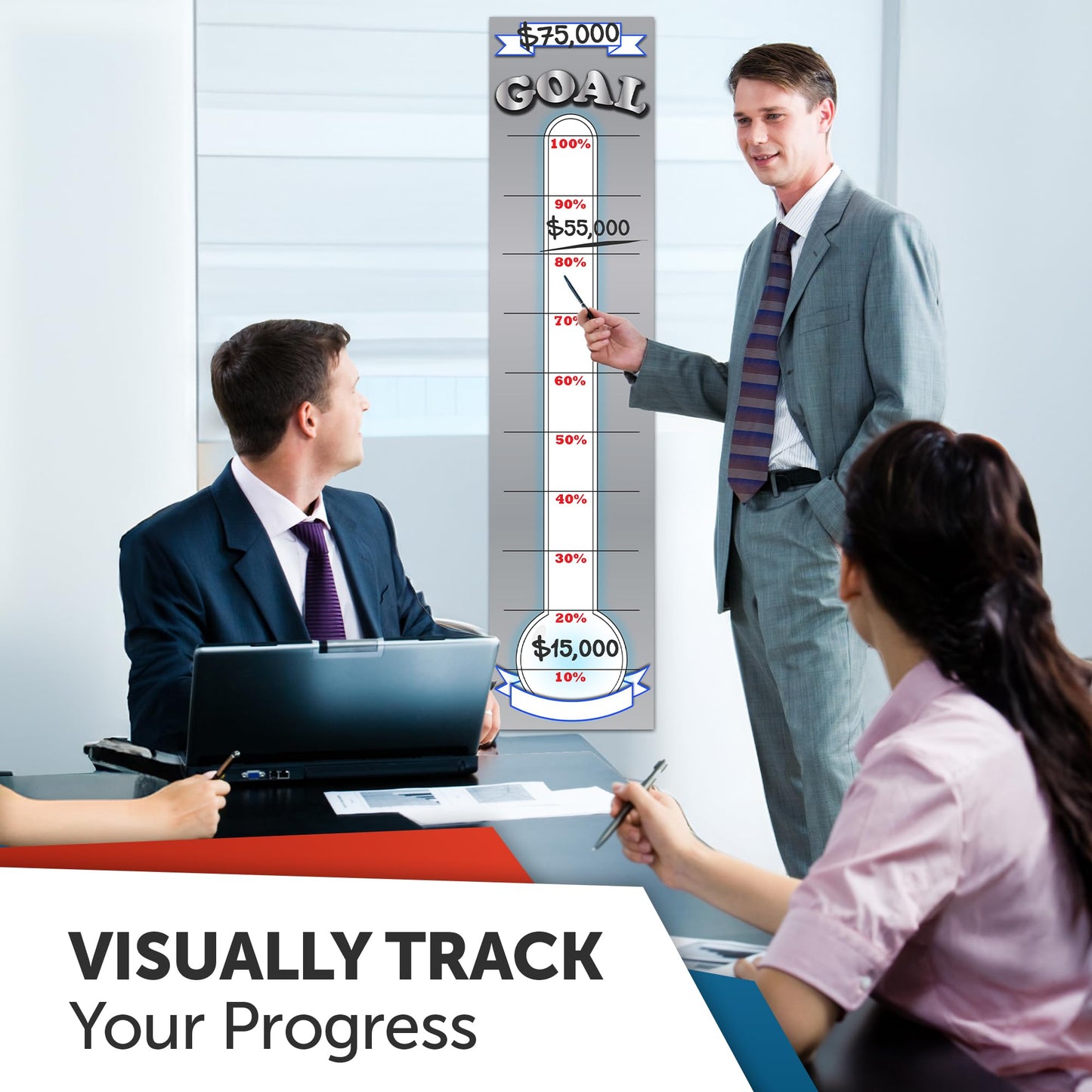 Fundraising Goal Thermometer Chart - 11" x 48", Reusable, Dry Erase Goal Tracker - Great for Schools, Churches, Offices & Charities