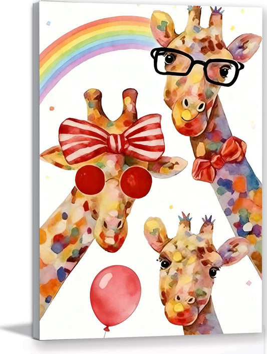 16x24 Inch Graffiti Giraffe Canvas Wall Art - Watercolor Rainbow Giraffe Family Poster with Glasses Balloon - Framed Funny Animal Wall Decor Prints for Kids Bedroom Nursery Bathroom Playroom