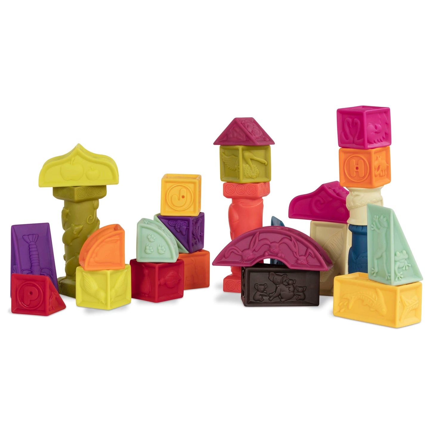 B. toys – Elemenosqueeze – Baby Blocks – 26 Soft Sort & Stack Blocks with Alphabet – Architectural Building Blocks – Shapes, Letters & Animals – 6+ Months