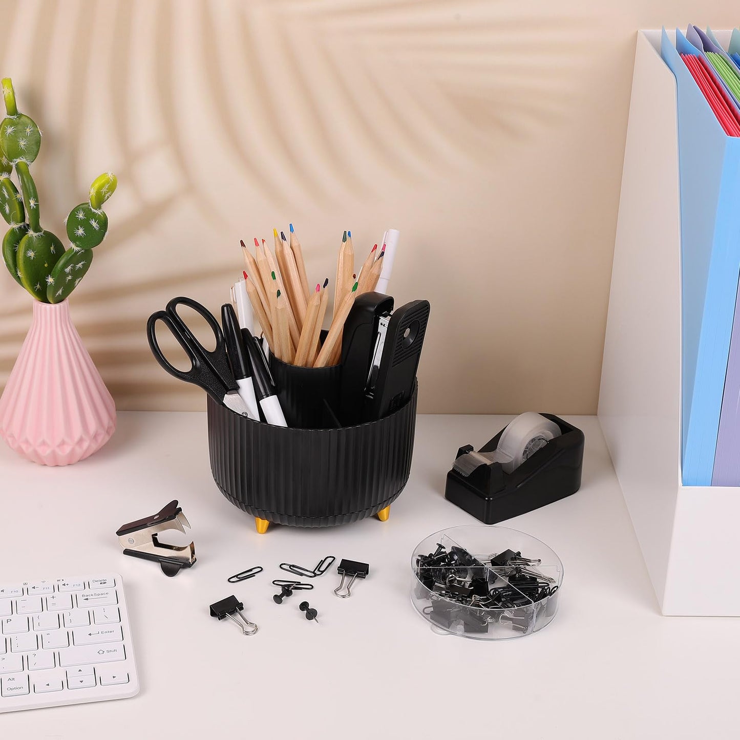 SKYDUE Black Office Supplies, Black Office Desk Accessories 10PCS, Pencil Holder for Desk, Stapler, Tape Dispenser, Scissors, Ruler, Clips and 1000pcs Staples, Desk Supplies Set