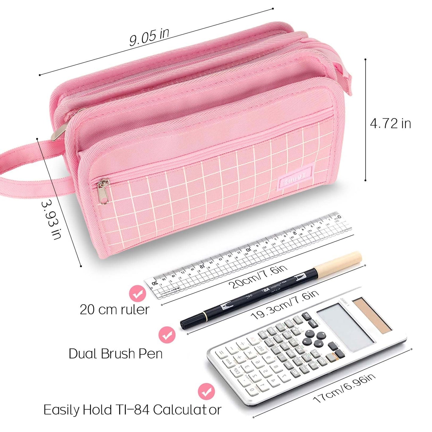Sooez Large Pencil Case, Big Capacity Pencil Pouch Pen Bag with 3 Compartment, Portable Canvas Stationery Organizer with Zipper, Cute Aesthetic School Supplies for Teen Girls, Army Green with Plaid