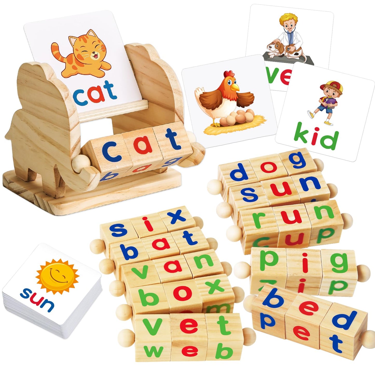 ShyLizard Montessori Learning and Educational Toys Gifts for Kids 3 4 5 Years, Wooden Reading Blocks Toys, Learning Activities for Preschool Kindergarten, Turning Rotating Matching Flash Card Games