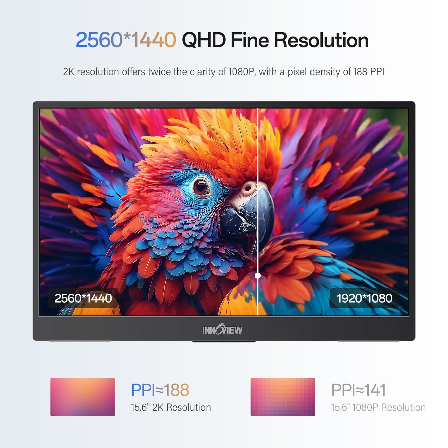 InnoView 2K Portable Monitor 15.6" QHD 100% sRGB, Built-in 180° Adjustable Stand Travel Monitor USB C Standard HDMI Ultra-Slim Portable Monitor for Laptop MacBook Phone PS5 Xbox Switch