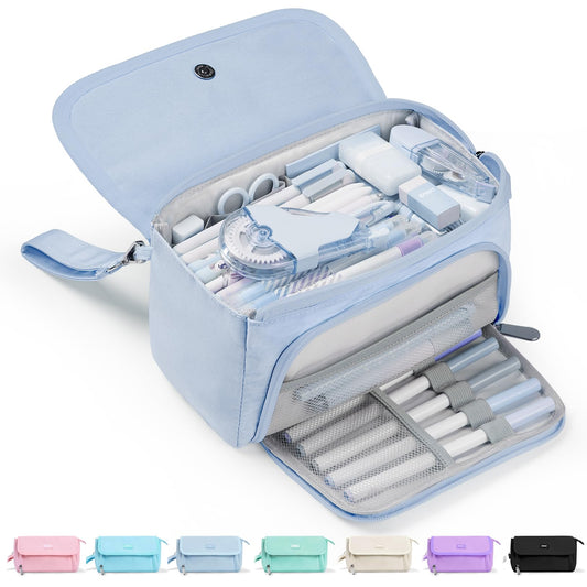 Sooez Super Large Pencil Case, Big Capacity Pencil Bag with 3 Compartments, can hold 100 pencils,Cute Pencil Pouch with Zipper,Portable Stationery Pen Bag,Aesthetic School Supplies For Girls,Haze Blue
