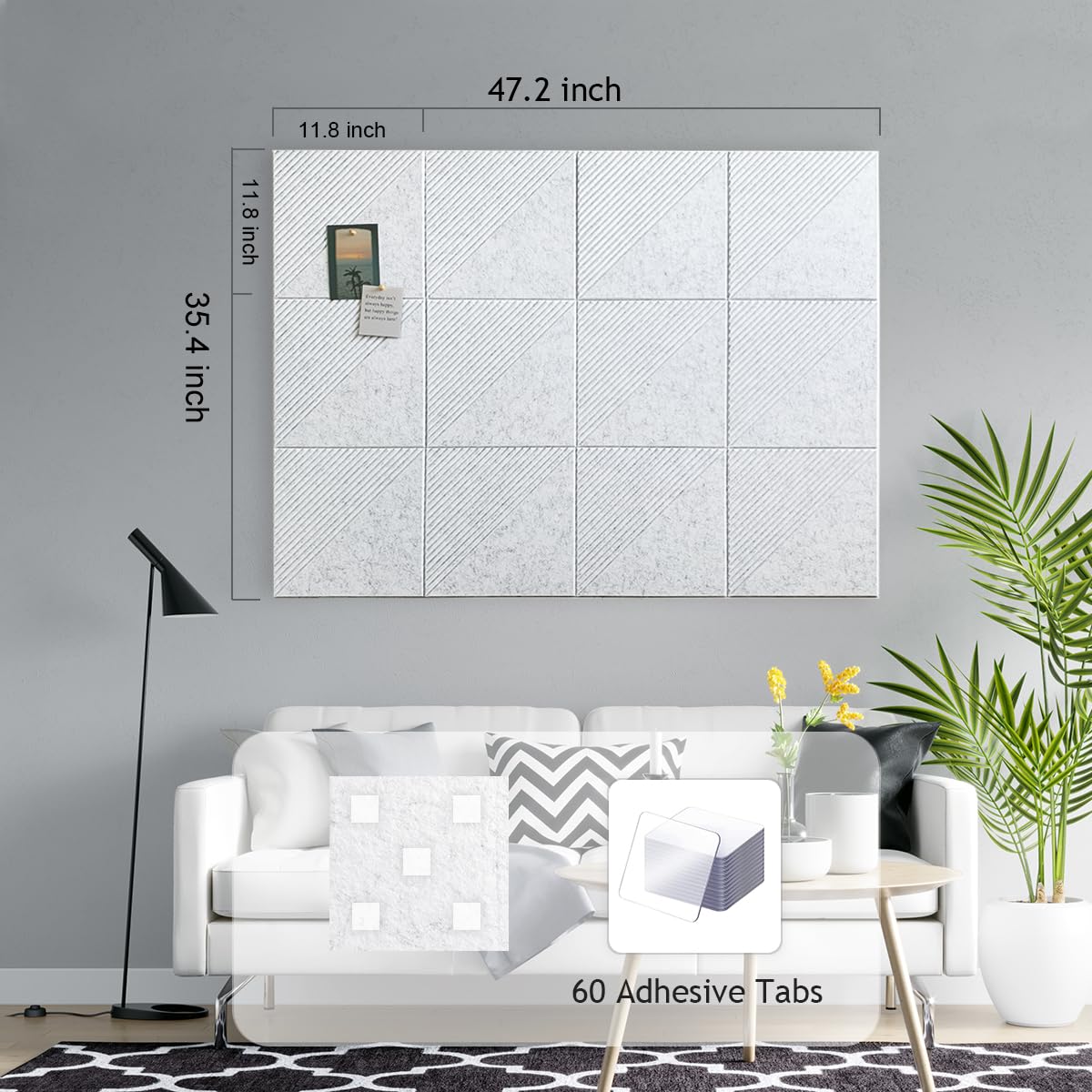 Large Cork Board for Walls 48"x 36", 12 Pack Felt Wall Tiles with Safe Removable Adhesive Tabs, Cork Board for Office,Pinboard Bulletin Board - Grey