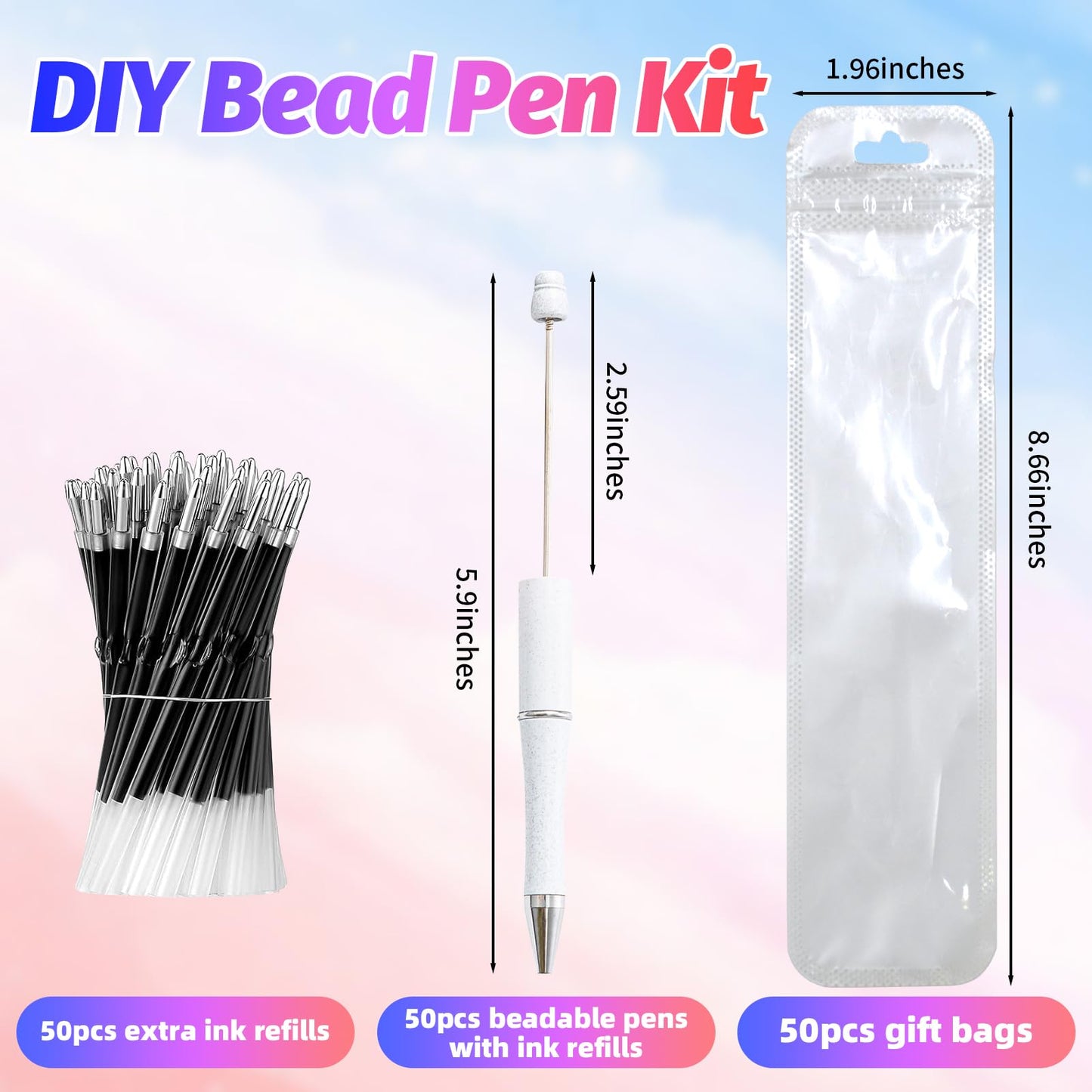 DASTTUIS 150 Pieces DIY Beadable Pen Kit – 50 Plastic Ballpoint Pens with Refills & Bags – School Supplies, Office Accessories & Decorative Items for Students & Teachers （White）