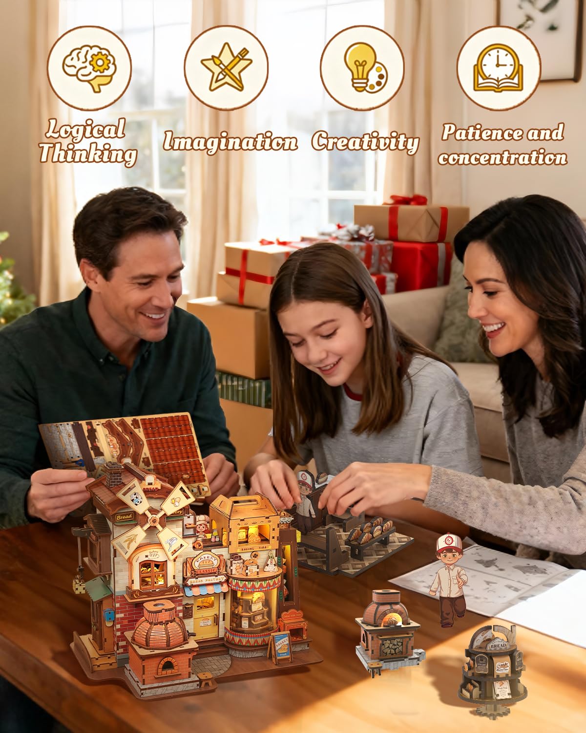 CUTEBEE 3D Wooden Puzzles for Adults - Bread Factory Bakery 576pcs Wooden Mechanical Model DIY Building Kit with Music and Lights, Bookshelf Decor, DIY Craft Gifts for Adults（Bread Factory）