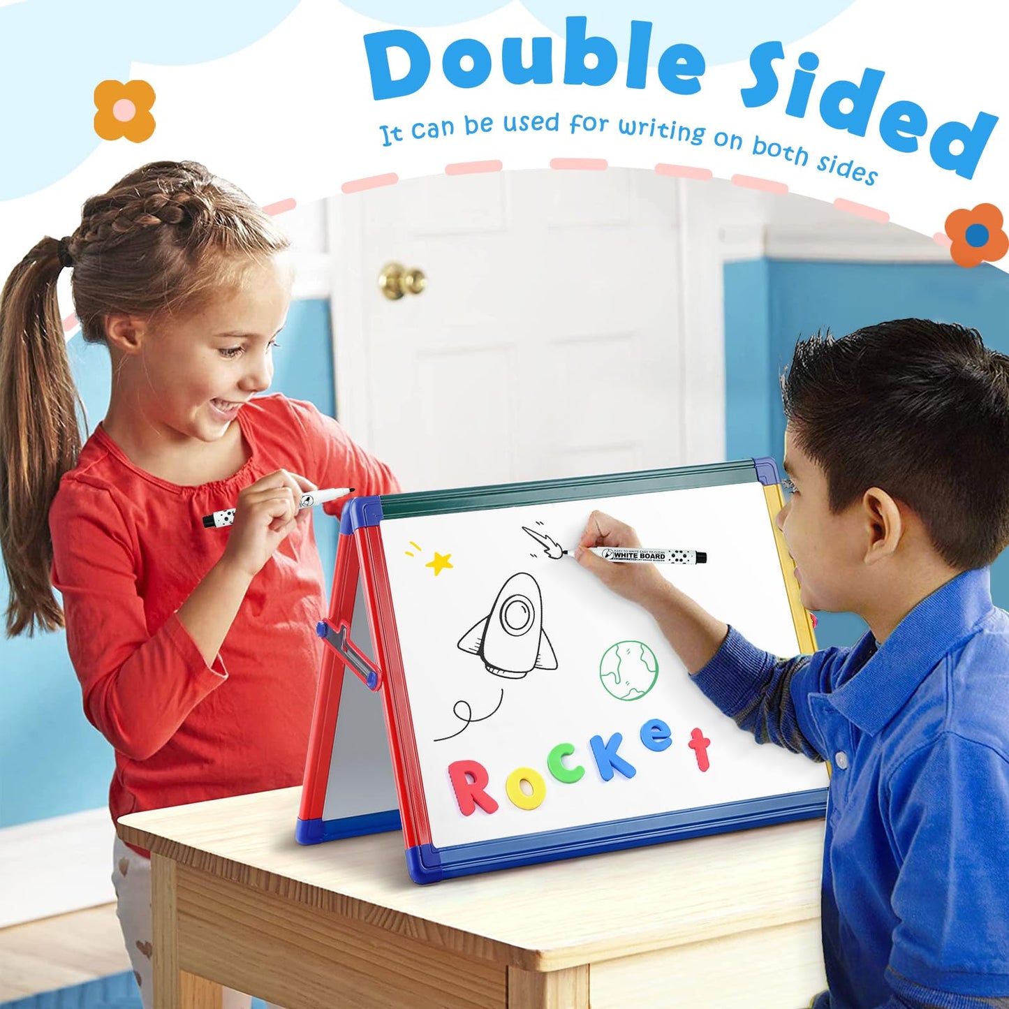 SWANCROWN Portable Dry Erase White Board for Kids, 16x12 inch Toddler Boy Girl Toys Magnetic Table top Whiteboard Small Double Sided Art Easel with 82Pcs Letter Magnets Magnetic Foldable Board