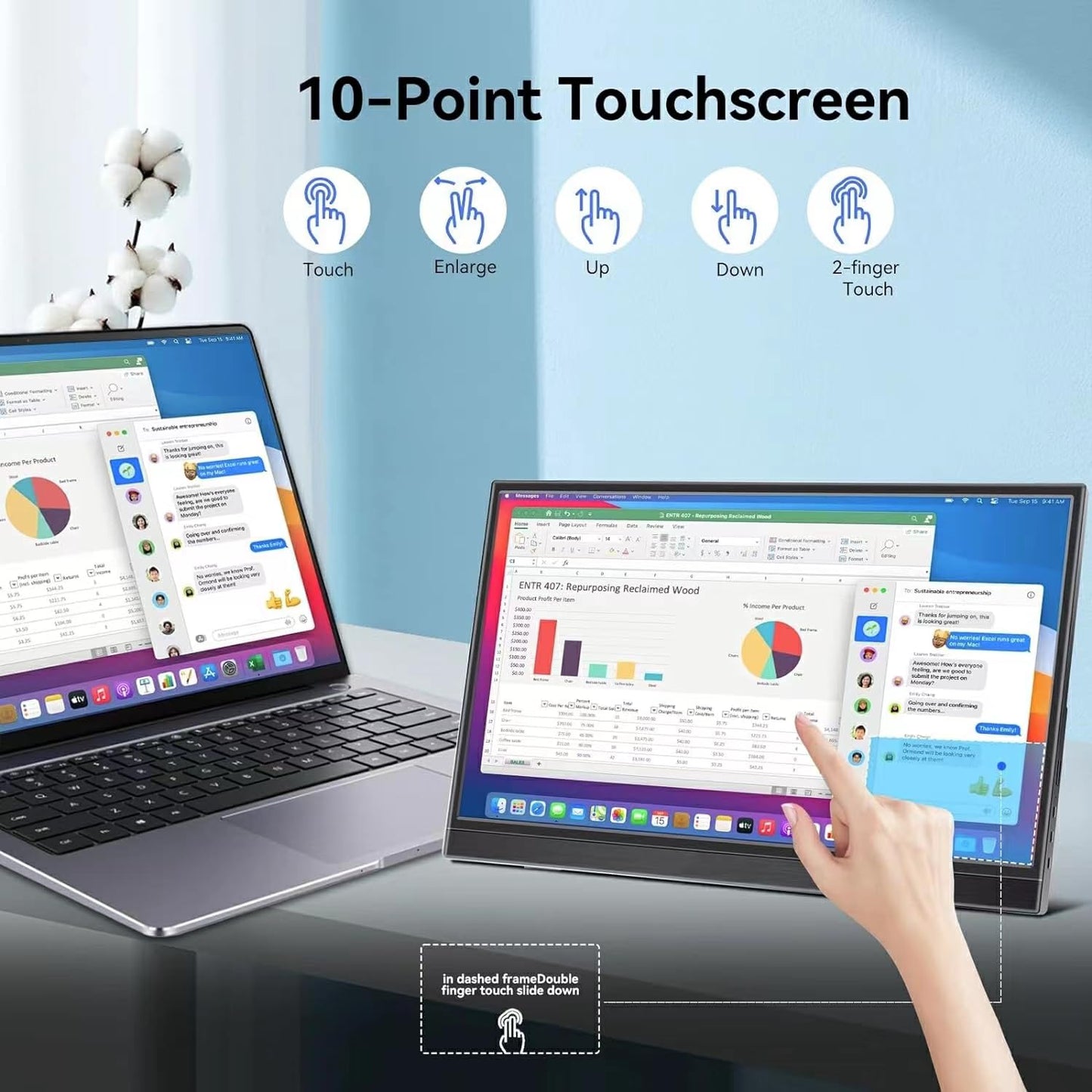 QQU 14" Portable Touchscreen Monitor, 1920 x 1200 IPS/HDR Ultra-Slim Travel Display with VESA Mount & Smart Cover, Kickstand & Speakers, HDMI USB-C External Monitor for Laptop, PC,Phone, Tablet, PS4/5