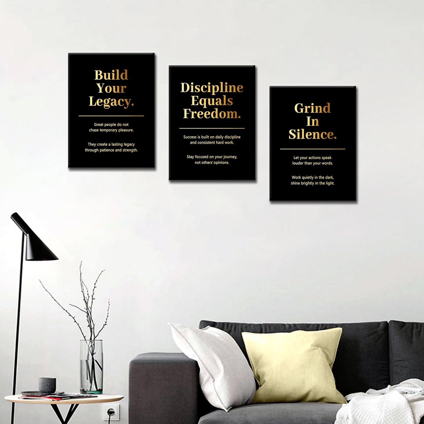 PSYYSP 3 Piece Canvas Wall Art Discipline Equals Freedom Posters, Black Gold Motivational Triptych Wall Decor for Office, Bedroom, Dorm, Study Room, Framed Canvas 36x16inch