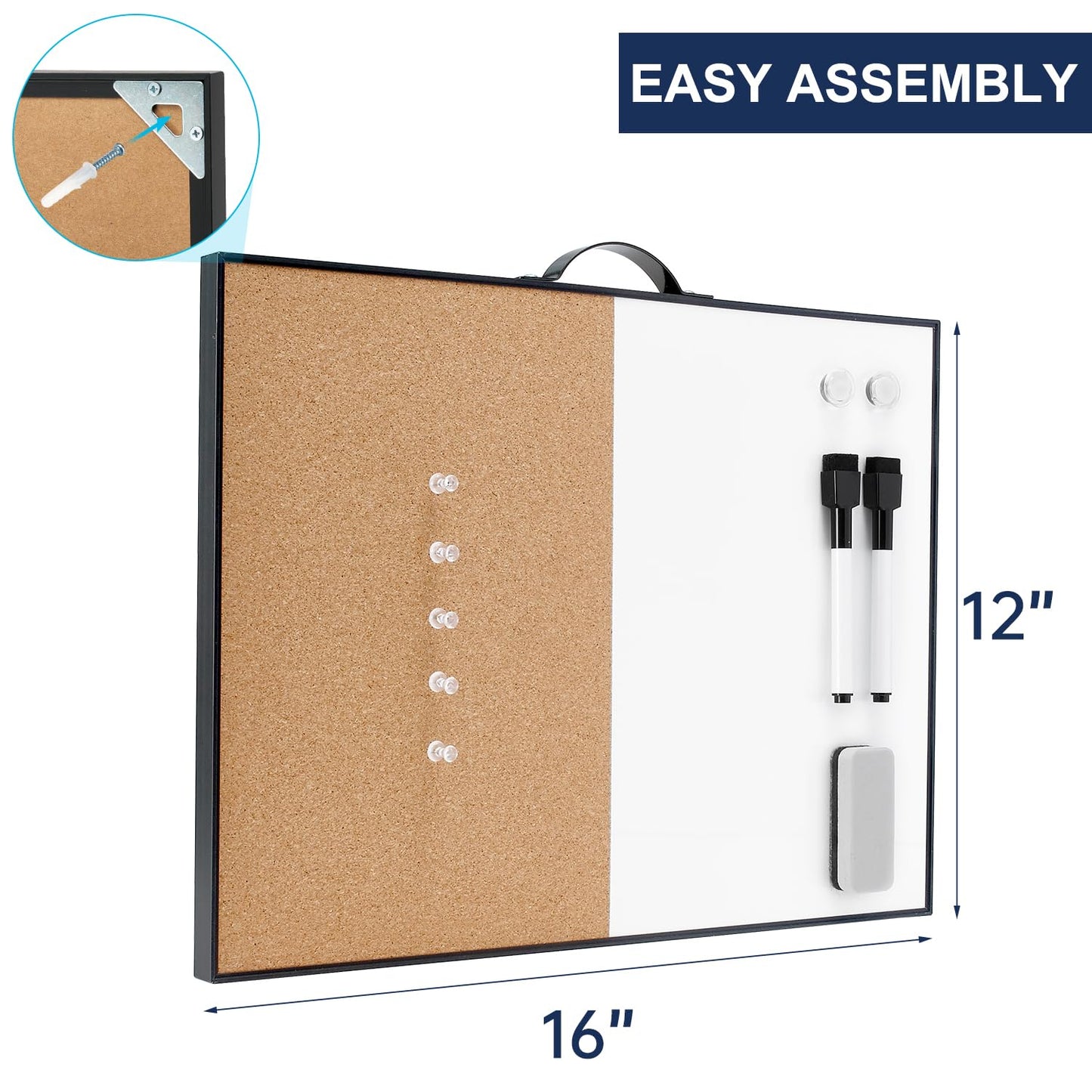 TSJ OFFICE Small Whiteboard Cork-Board - 12" X 16" Portable Aluminum Black Framed Magnetic Dry Erase Board for Wall, Small Bulletin Cork Board with Holder for Office, Home and School