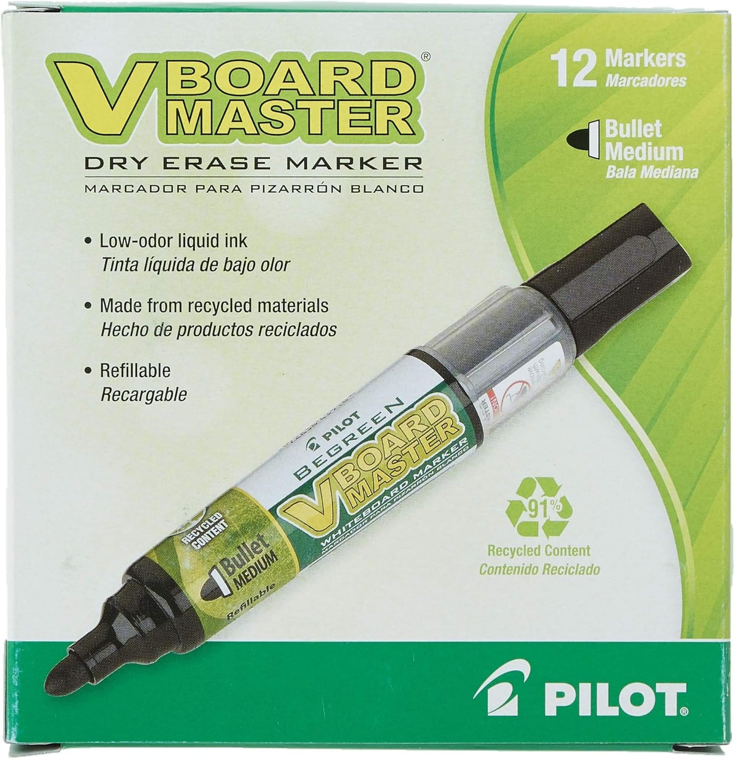 Pilot V Board Master BeGreen Refillable Dry-Erase Markers, Bullet Tip, Black Ink, 12 Count