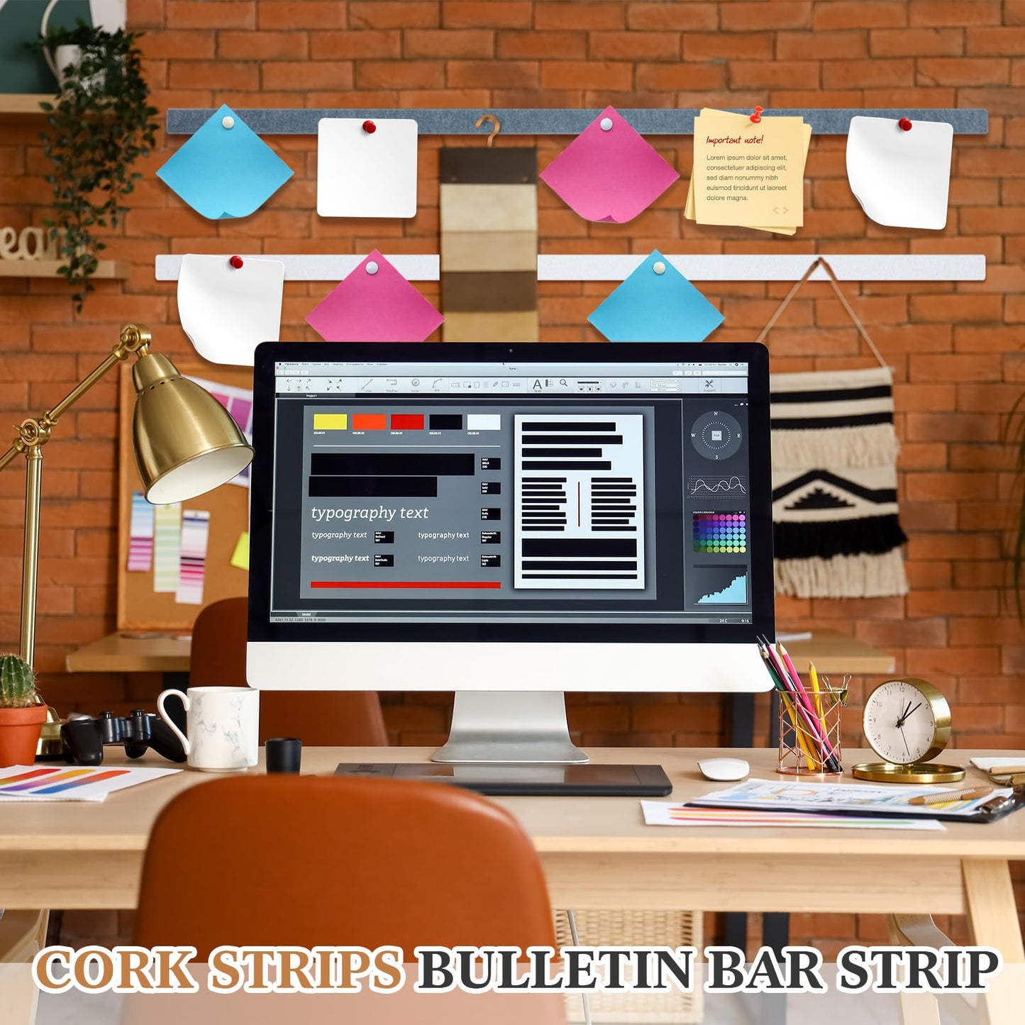 Mooliwe 4 Pcs 48" x 1" Felt Cork Bulletin Bar Strips for Wall, Self-Adhesive Notice Board Strips, Wall Decor for Notes, Photos, Schedules, Office & Home Use (Silver Black White Grey)