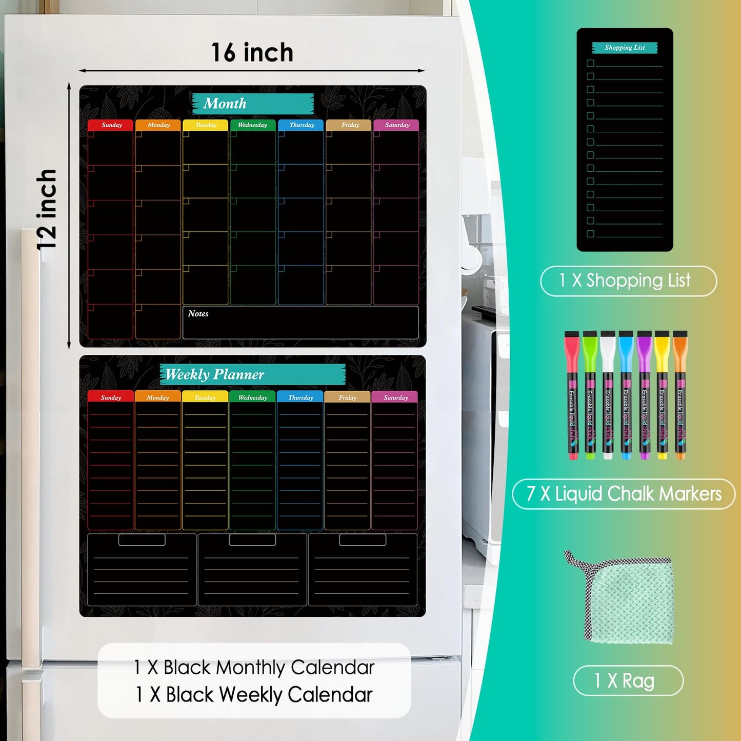 MaxGear Black Magnetic Calendar for Refrigerator, 16x12 Monthly and Weekly Dry Erase Fridge Whiteboard, Menu Schedule Planner Board, to-Do List, Notepad with 7 Markers,1 Eraser, and 1 Shopping List
