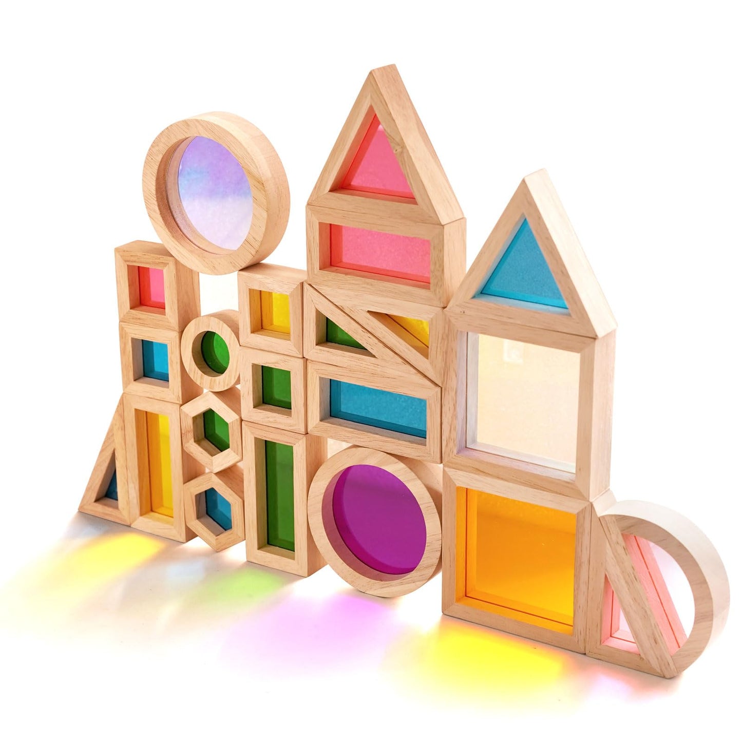 Agirlgle Wooden Rainbow Building Blocks for Kids 32 Pcs Rainbow Stacker Stacking Blocks Game Colorful Construction Toys Preschool Learning Educational Toys -Geometry Wooden Blocks for Boys & Girls