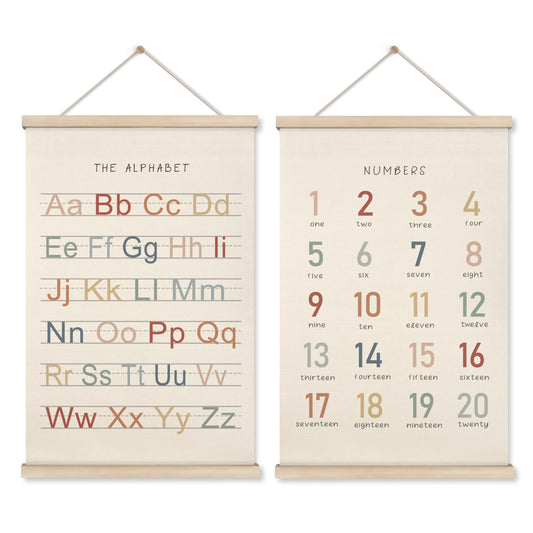 HRQKO Alphabet Numbers Poster Hanger Frame Set of 2, Nursery Wall Decor, Boho ABC Poster Wall Art with Wooden Frames, Alphabet Banner Wall Hanging Decor for Toddler Playroom Nursery, 16x24 Inch