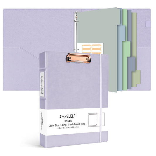 Ospelelf 3 Ring Binder 1 Inch Vintage Hardcover, Leather Organizer for Letter Size, Professional Clipboard with Dividers and Tabs, Purple