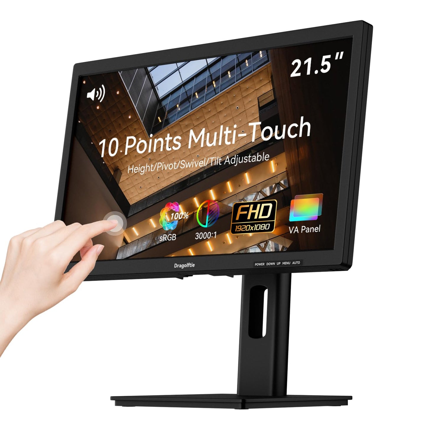 21.5 Inch Touchscreen Monitor VA Panel FHD 1920x1080P, 3000:1 Contrast, 100% sRGB, Height/Pivot/Swivel/Tilt Adjustable PC Touch Screen Computer Display 75Hz, HDMI, VGA, Type-B, Built-in Speakers, VESA