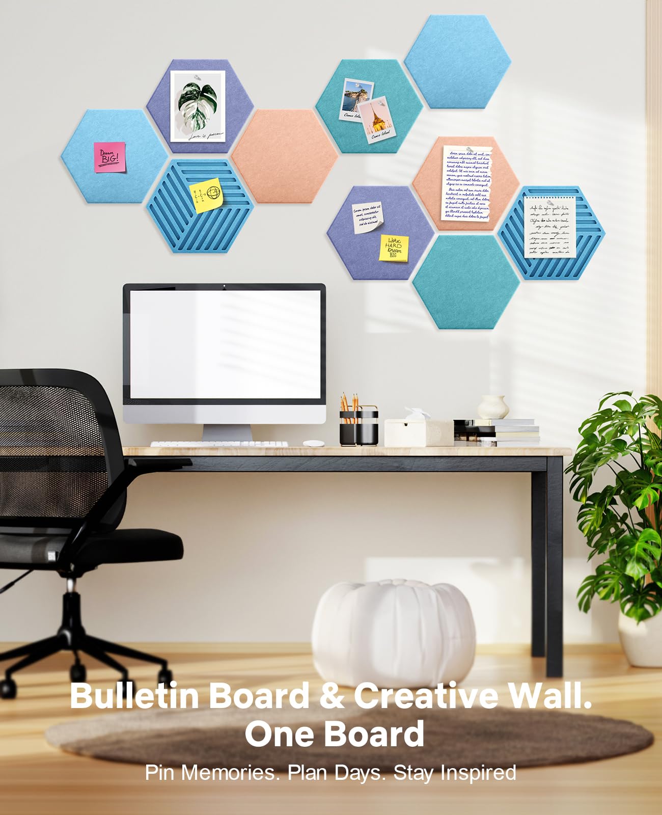 Hexagon Large Cork Bulletin Board Tiles, Peel and Stick Felt Wall Panels for Vision, Message Center, Picture and Prayer Board for Office, Dorm, Room and Desk Decor(Coastal Haze)
