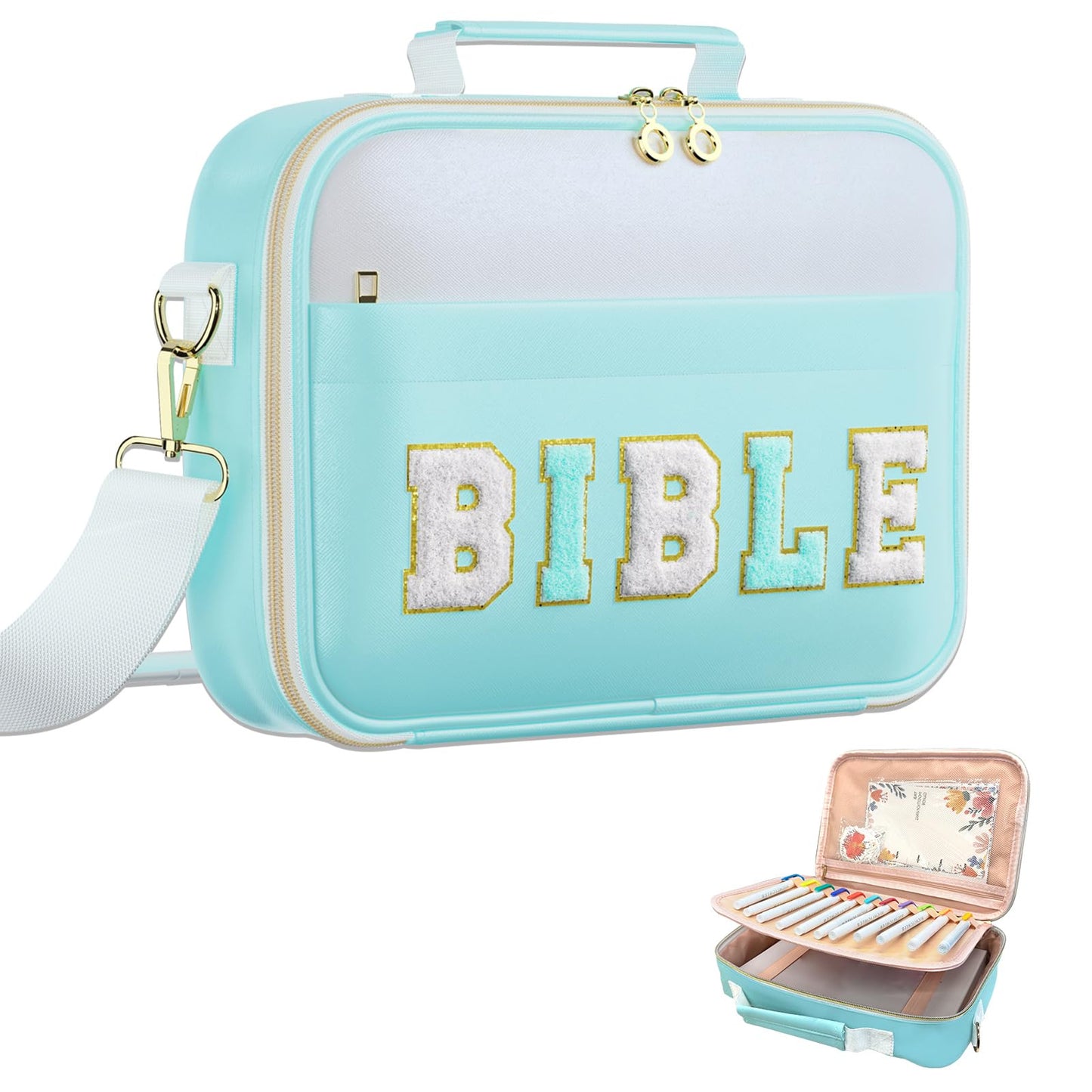 WOBAGMEN Bible Cover Case for Women,Large Leather Bible Book Covers with Bible Study Supplies, Bible Study Accessories Bible Journaling Kit,Blue Church Bag Christian Gifts for Women