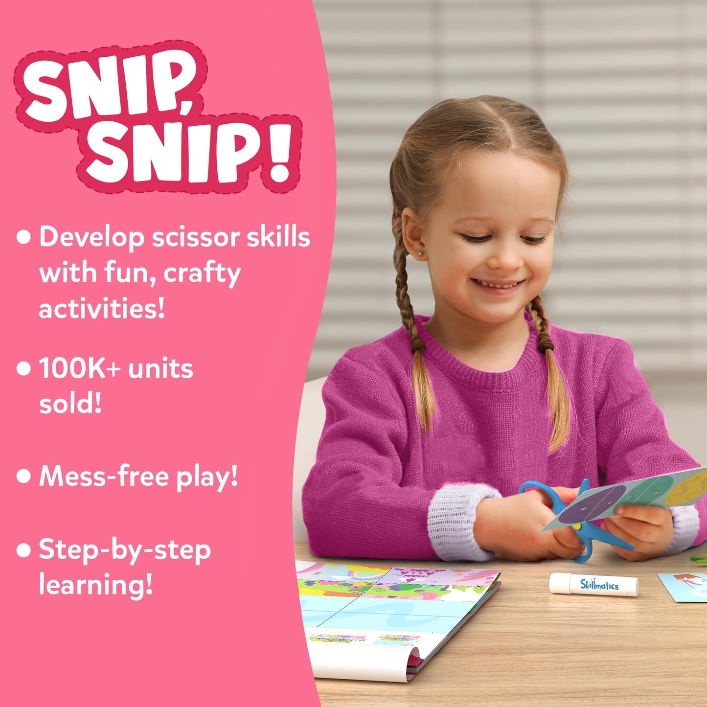 Skillmatics Scissor Skills Activity Book - Snip Snip Unicorns & Princesses, 25 Cutting & Creative Activities for Preschoolers, 2 Child-Safe Scissors, Felt Craft Kit, Screen-Free Fun, Gift for Ages 3-7