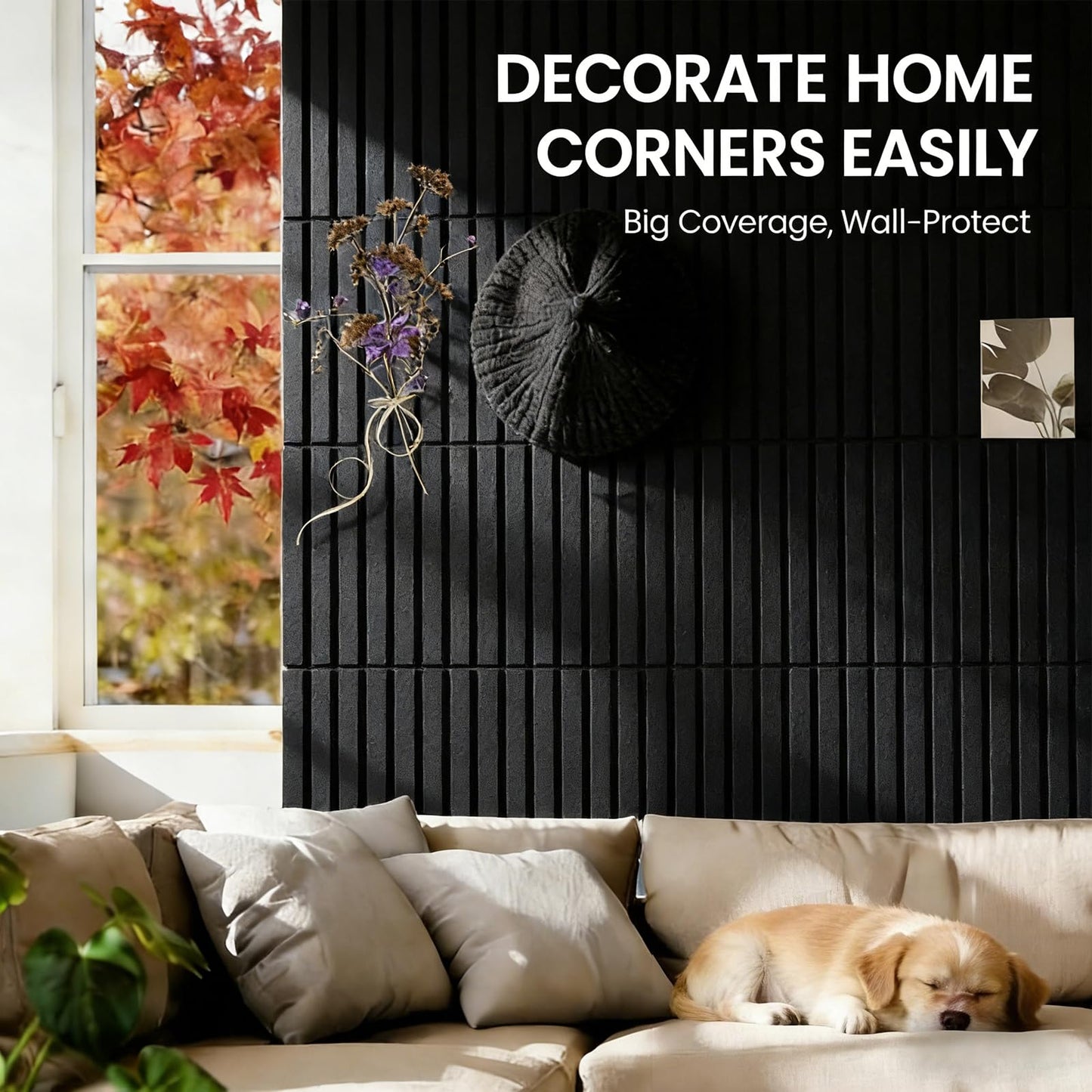 Slat Felt Wall Tiles (12 Pack) - 11.8"x11.8" Self-Adhesive Bulletin Board for Wall, Acoustic Panels for Sound Dampening, Modern Black Pin Board, Home Office Decor (30x30cm)