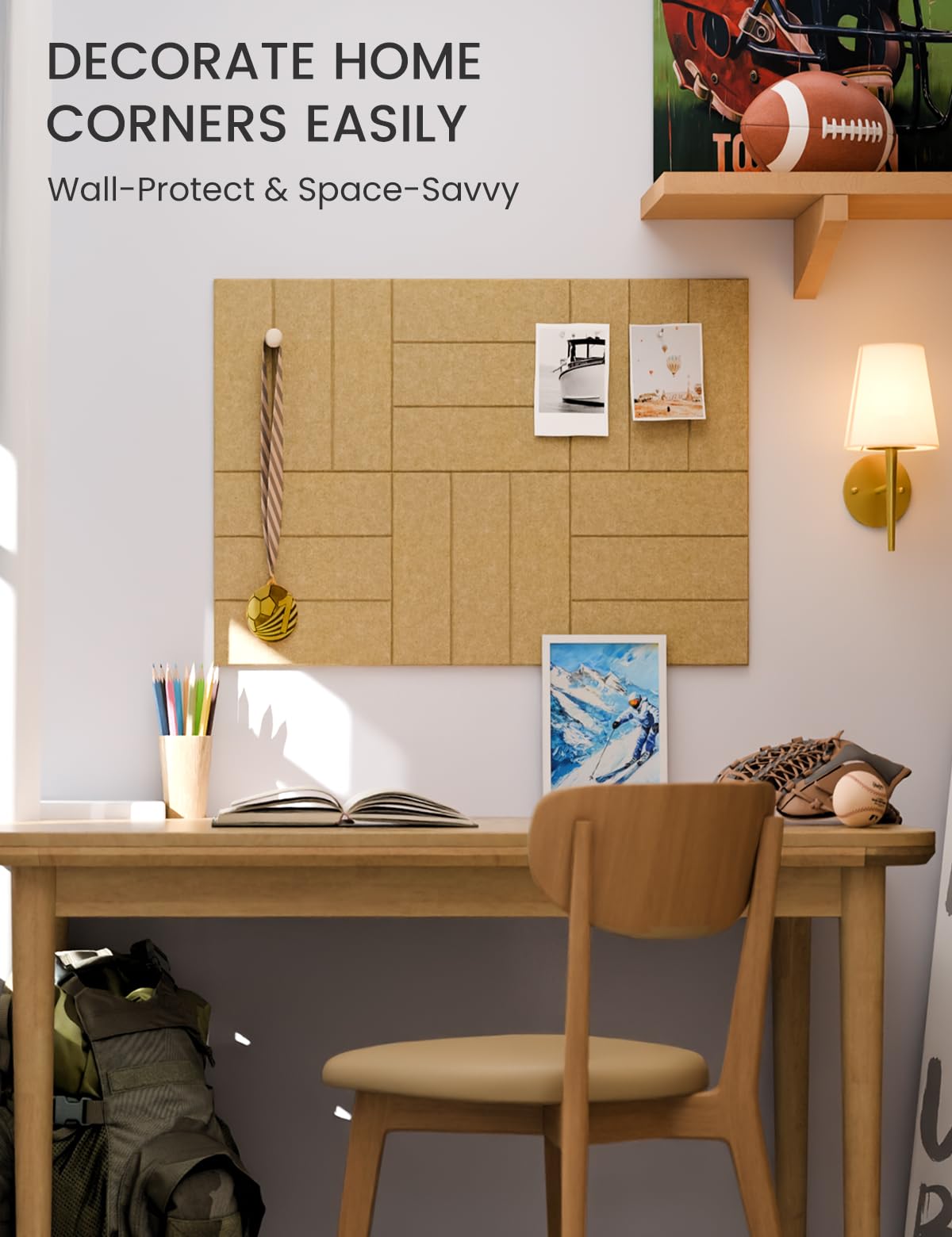 Felt Bulletin Board Tiles -28"x18" with 40 Adhesive Tabs, Cork Board Alternative for Office Decor, Push Pin Board Wall Organizer 6-Pack (Longan Tan)