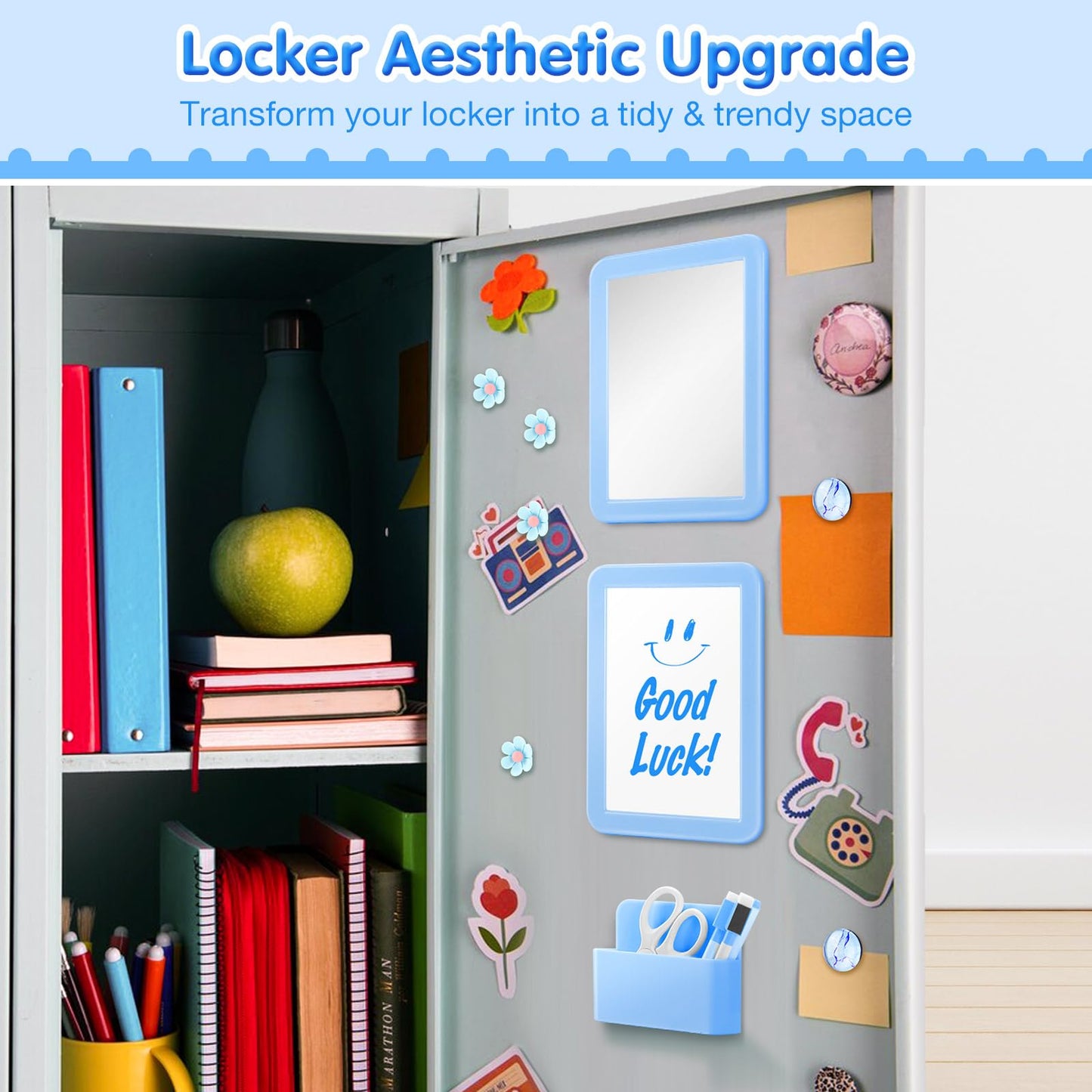 MoKo Locker Accessories Set, 15PCS Back to School Supplies Includes Magnetic Mirror, Whiteboard, Markers, Pen Holder, Magnets, Locker Organizer for School Office (Blue)