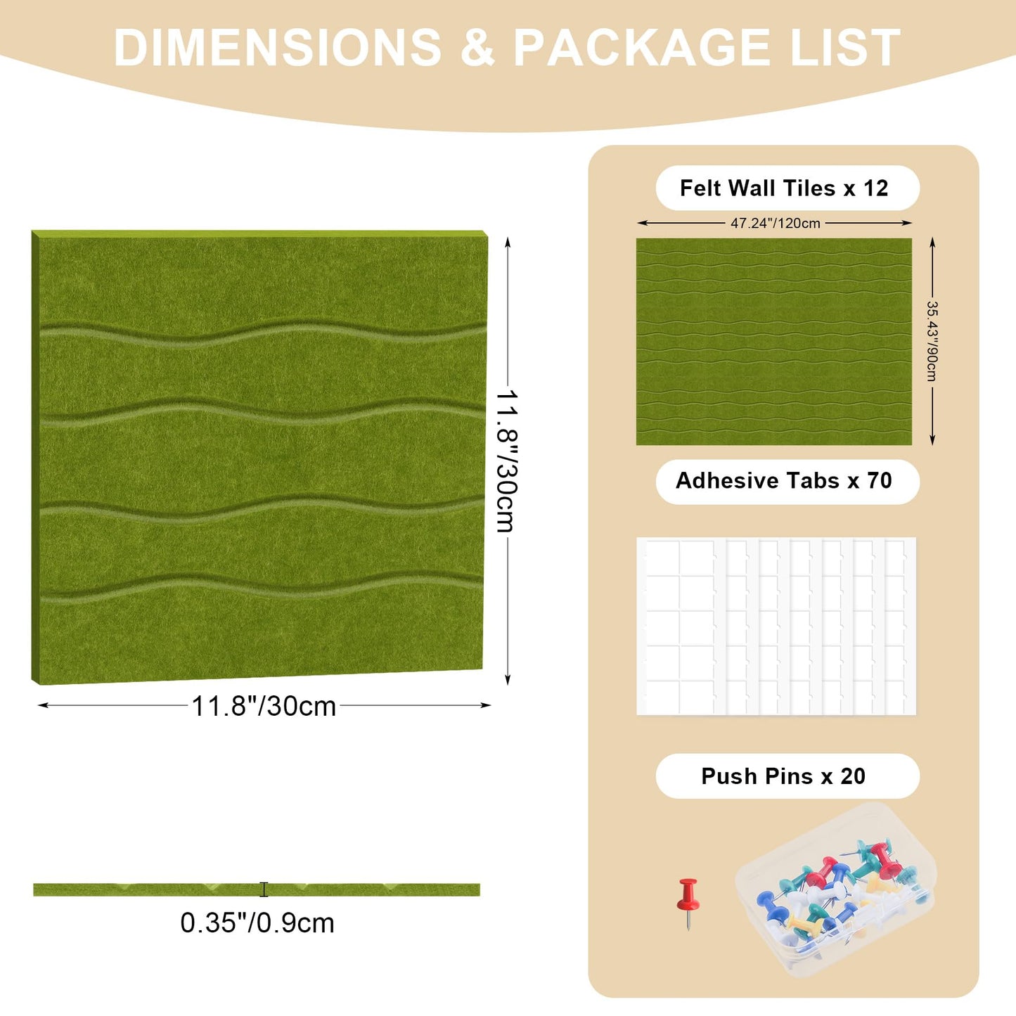 AKONEGE Felt Bulletin Board Tiles 12 Pack, 48" x 36" Cork Board Alternative, DIY Pin Board Wall Tiles for Photo Wall, Vision Board, Room & Home Office Decor, Stick-On with Adhesive Tabs, Forest Green
