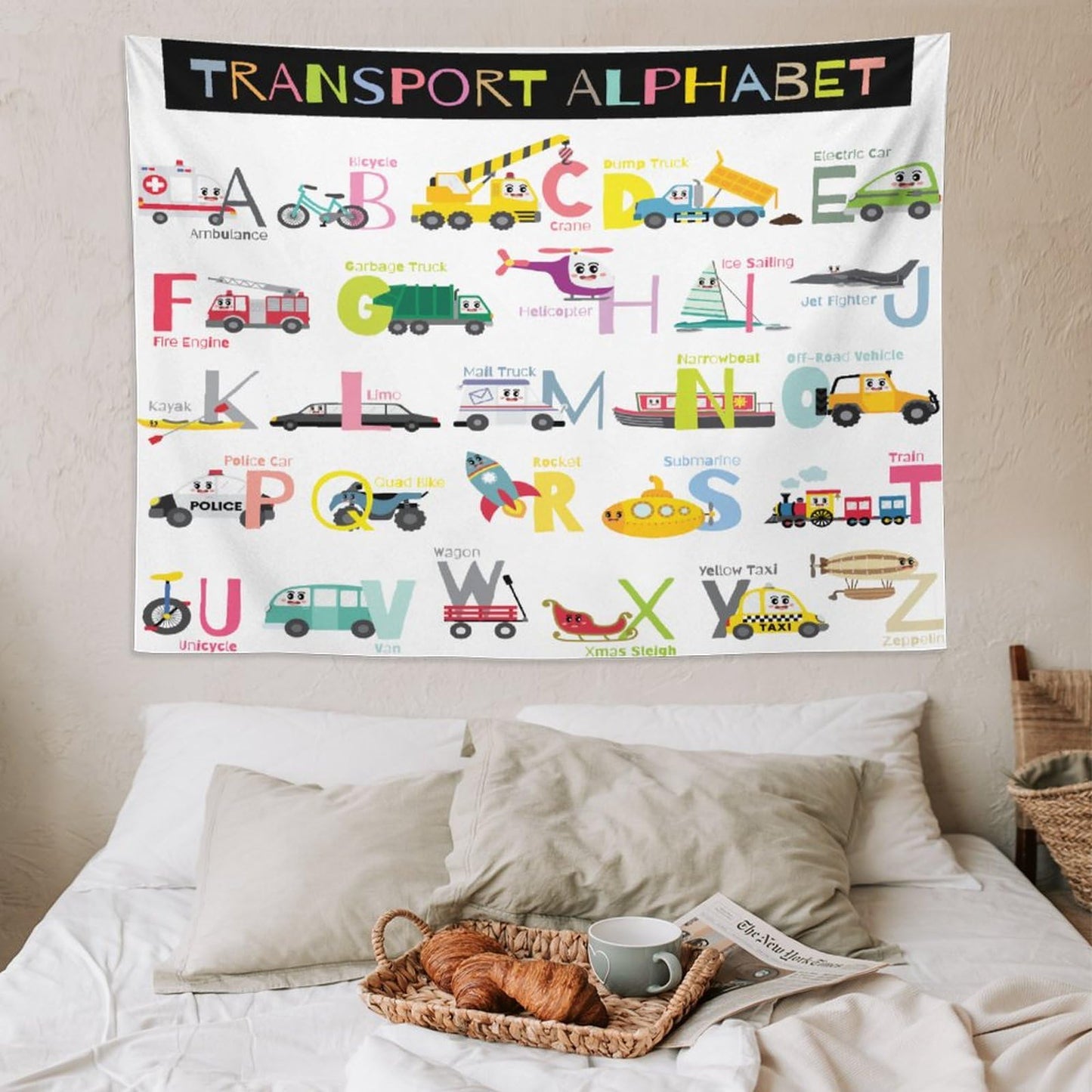 DDCBNS Cartoon ABC Alphabet Tapestry for Kids Boys Girls,Cute Car Plane Funny Transportations Print Educational Tapestry Wall Hanging Home Décor for Study Nursery Bedroom Living Room 80" x 60"