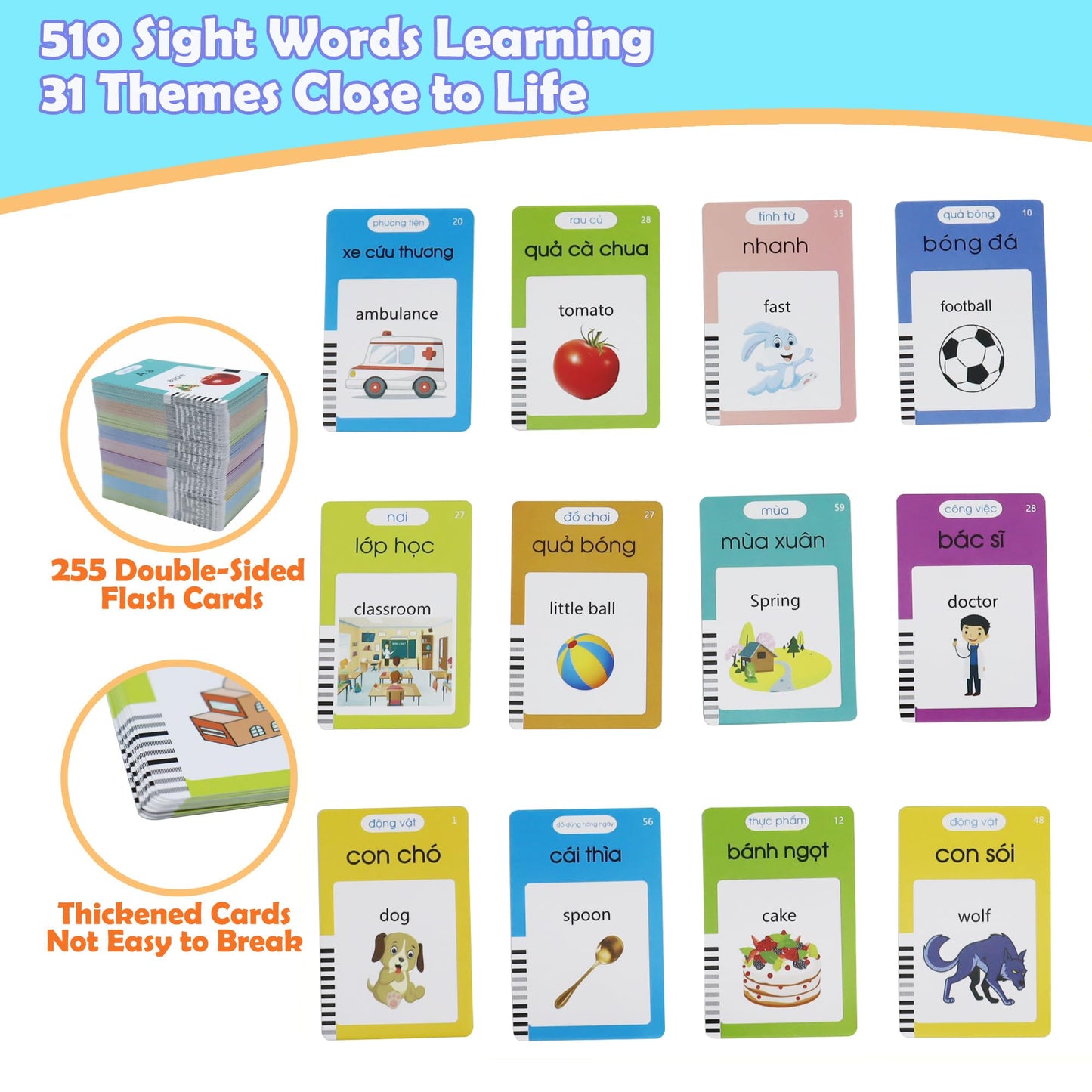 MAYAPHILOS 510 Sight Words Vietnamese and English Talking Flash Cards, Vietnamese Early Education Card, Learn Vietnamese for Kids, Vietnamese Learning Cards for Toddlers Birthday Gifts
