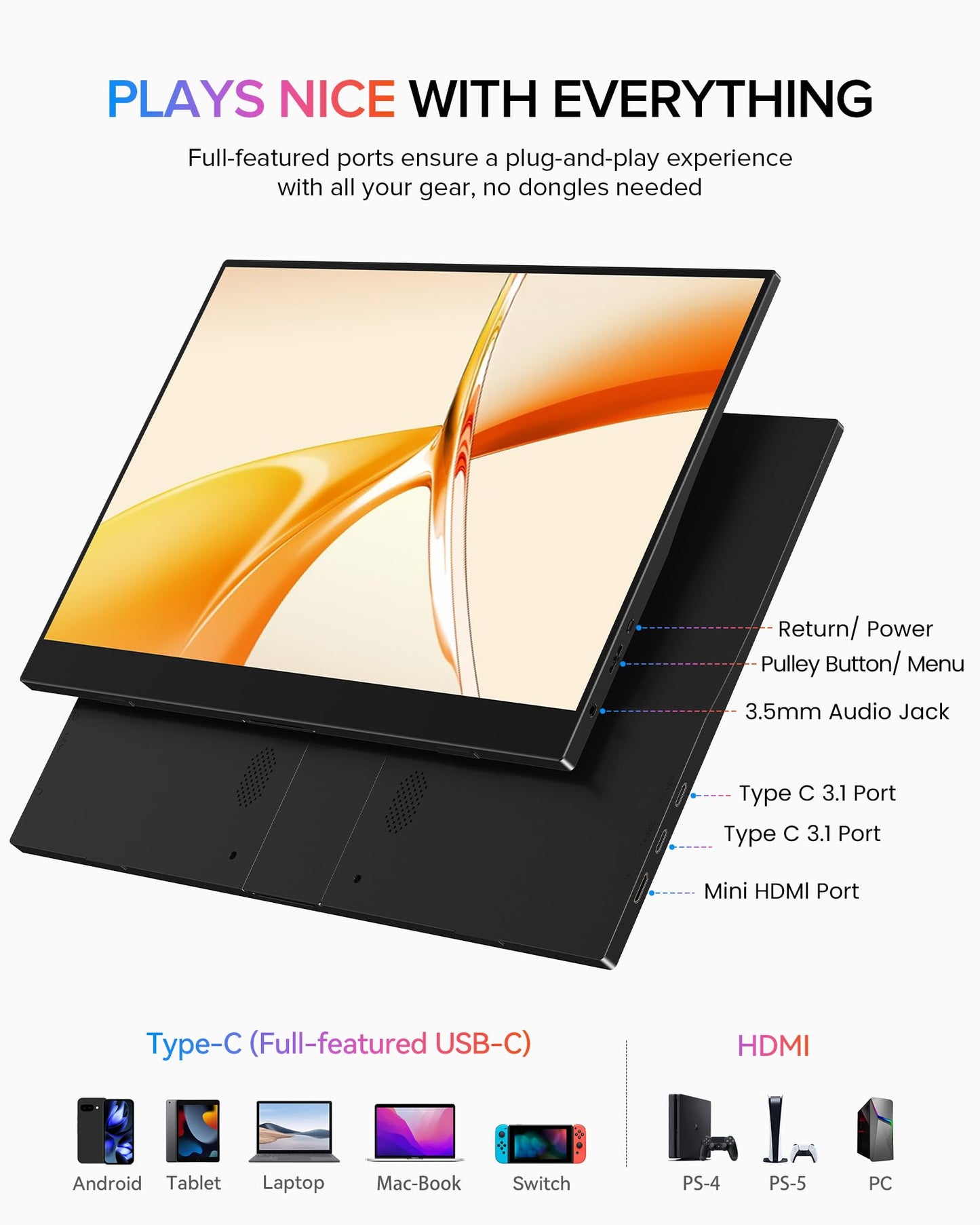 EVICIV Portable Monitor 15.6", 125% sRGB 1080P Laptop Monitor, 350 Nits, 2000:1 Contrast Ultra-Slim Display, USB-C & MINI HDMI, VESA & Case, Travel Second Screen for Computer, Mini PC, Game Consoles