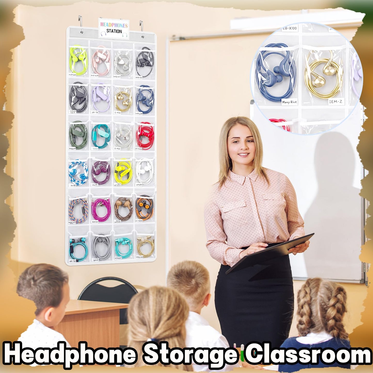 Maasechs Classroom Headphone Storage Organizer 24 PVC Clear Over The Door Hanging Classroom Headphone Holder Pocket with 4 Hooks for School Library(White)