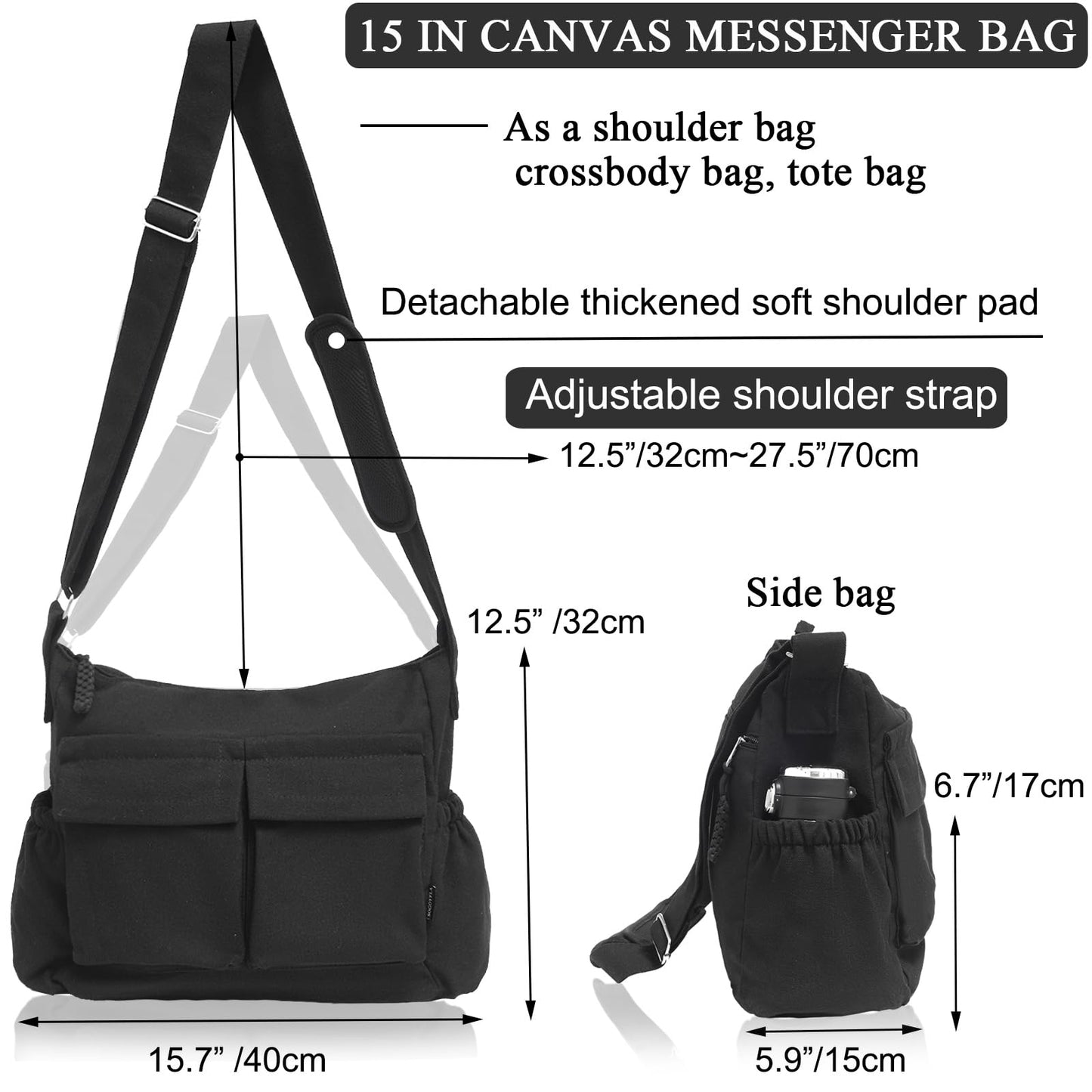 High Density Canvas Messenger Bag for Men/Women, 15 Inch Crossbody Shoulder Bag, Large Tote Bag for College/Travel/Work Daily Use（Black）