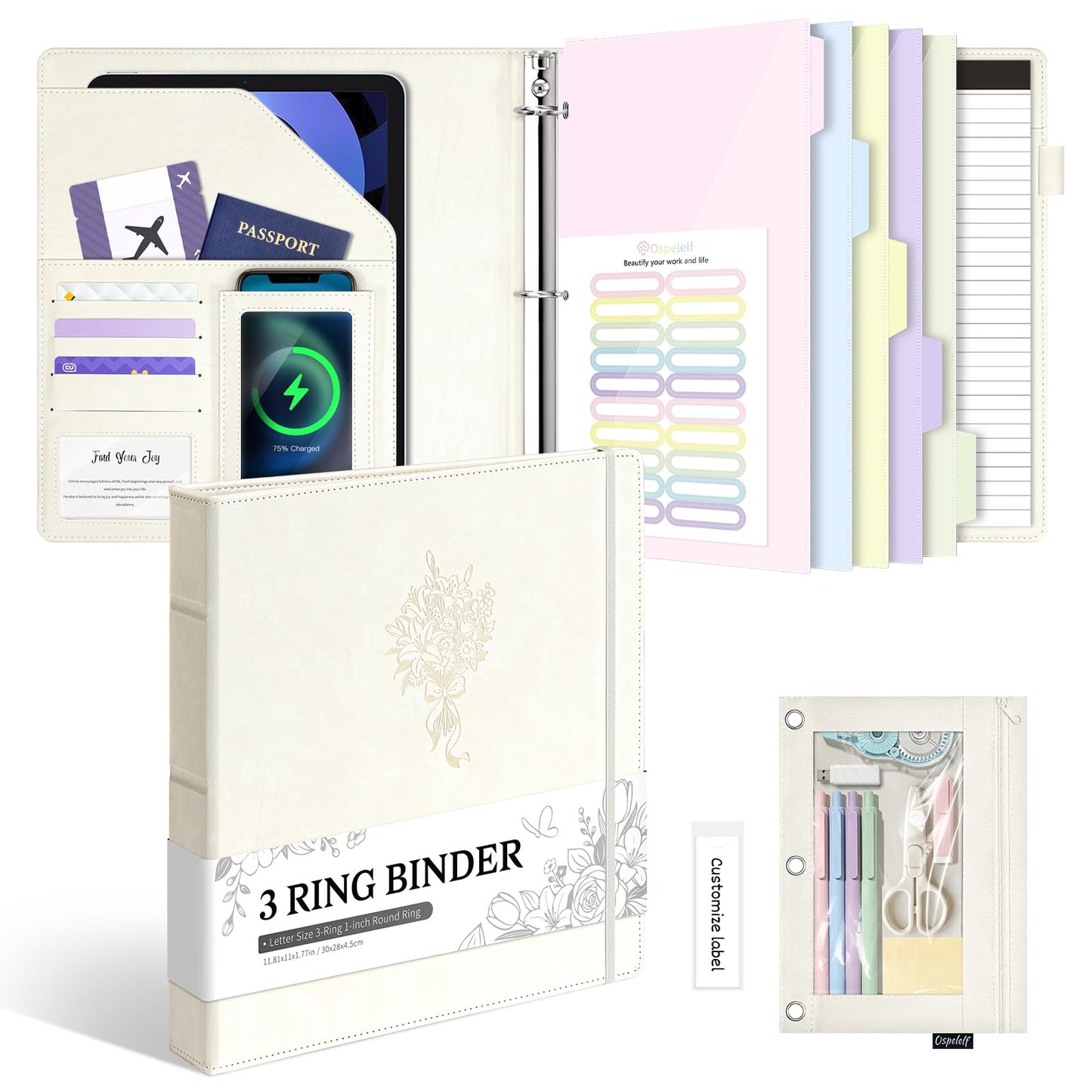 Ospelelf Leather 3 Ring Binder for Letter Size Documents with PVC Pocketed Dividers, Pencil Pouch & Notepad, 1 Inch Round Rings, Holds 175 Sheets, for Office School Home Organization, Flower White