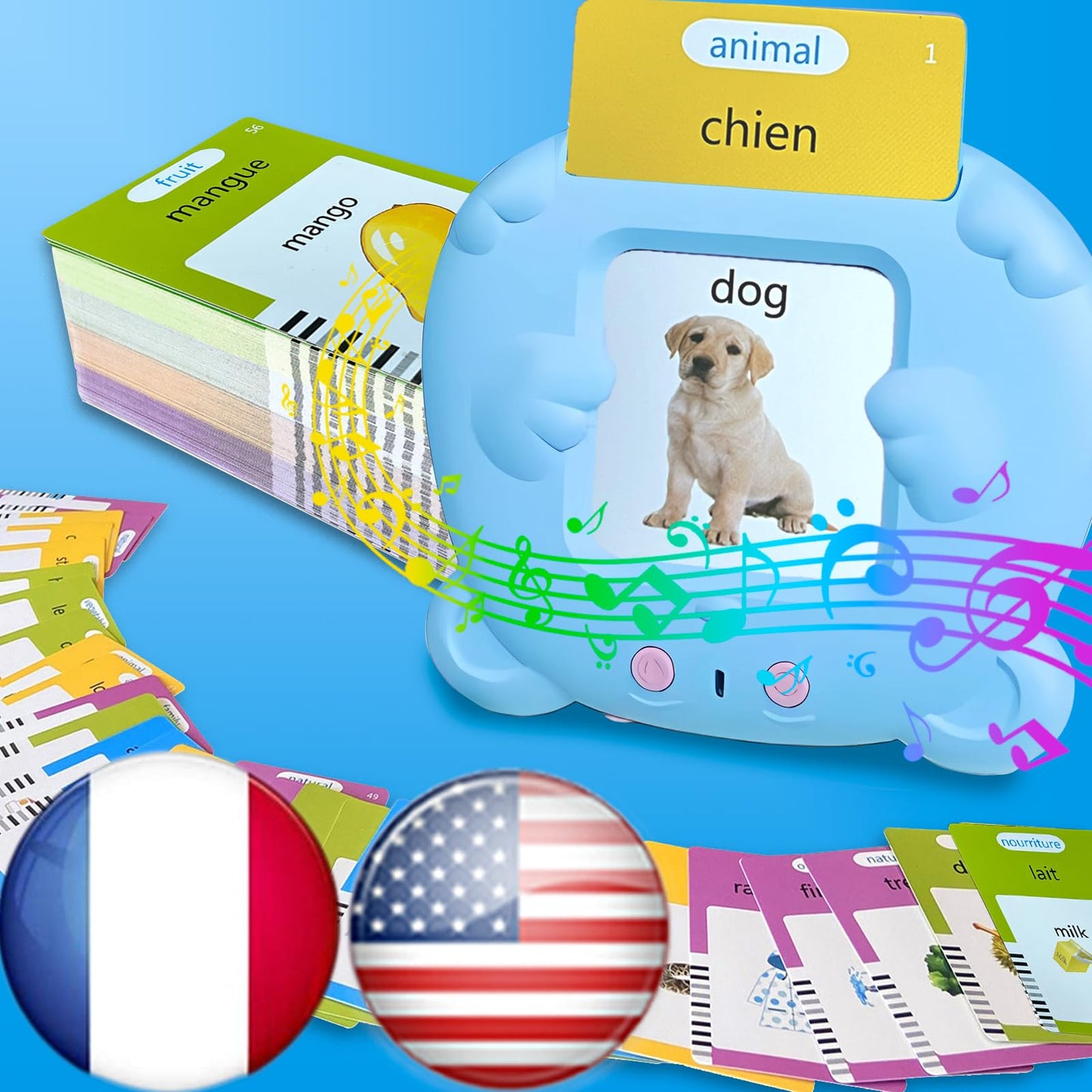 MoLingvora Bilingual Talking Flash Cards for Kids - Français French English Flashcards Children Adults, 510 Sight Words, ABC Alphabet, Pocket Speech for Toddlers, Audible Sensory Toys (French, Blue)