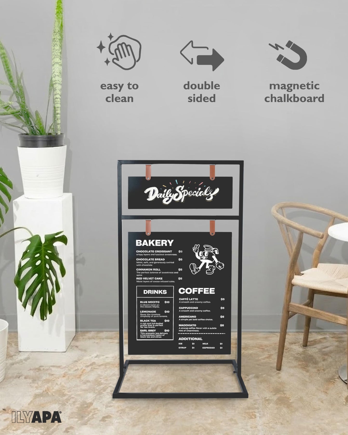 Ilyapa Metal Double Sided 24x42 Swinging Chalkboard Sign Bundle with Erasable 4-Pack White Liquid Chalk Markers - Magnetic A-Frame Sidewalk Menu Board for Restaurants & Businesses