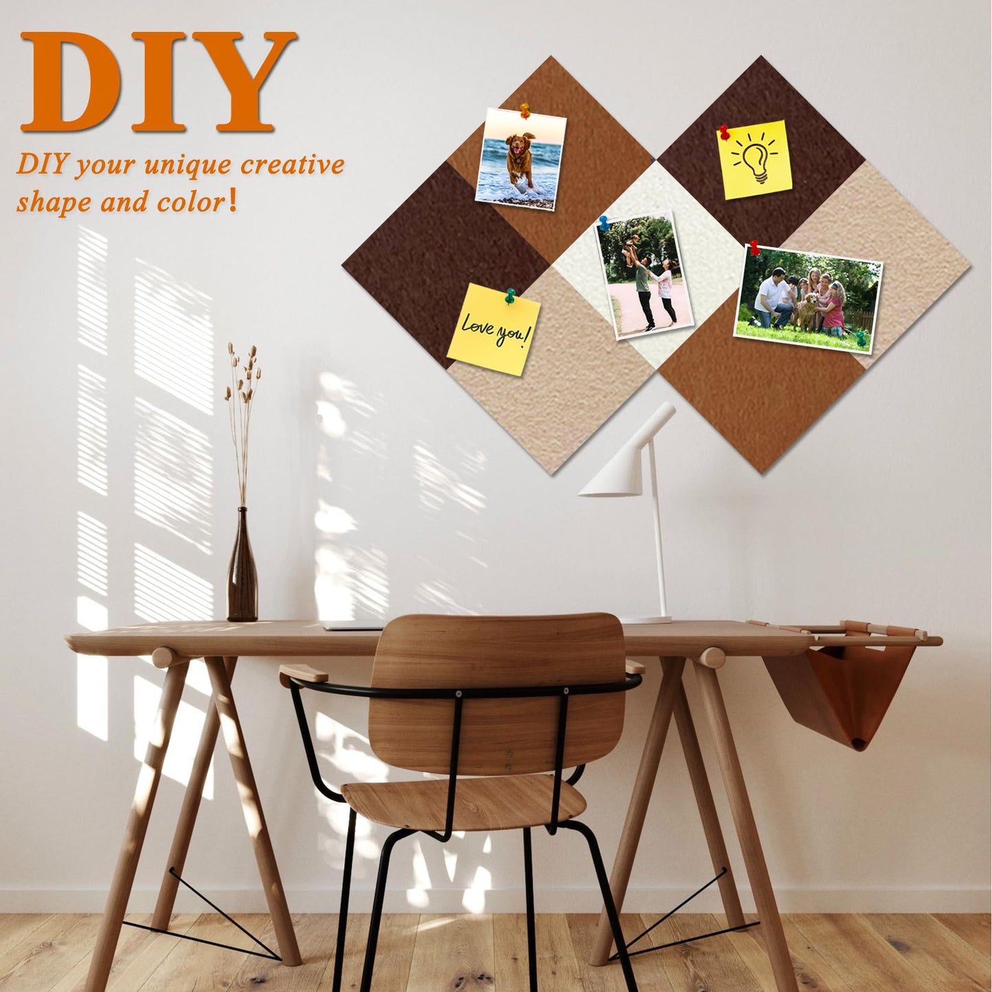 HULAVO Square Felt Cork Bulletin Board Tiles, Self Adhesive DIY Felt Pin Board for Wall 30" x 20" with 35 Pushpins for Office School Home Wall Decor Stickers Memos Photos Display (Gradual Brown)