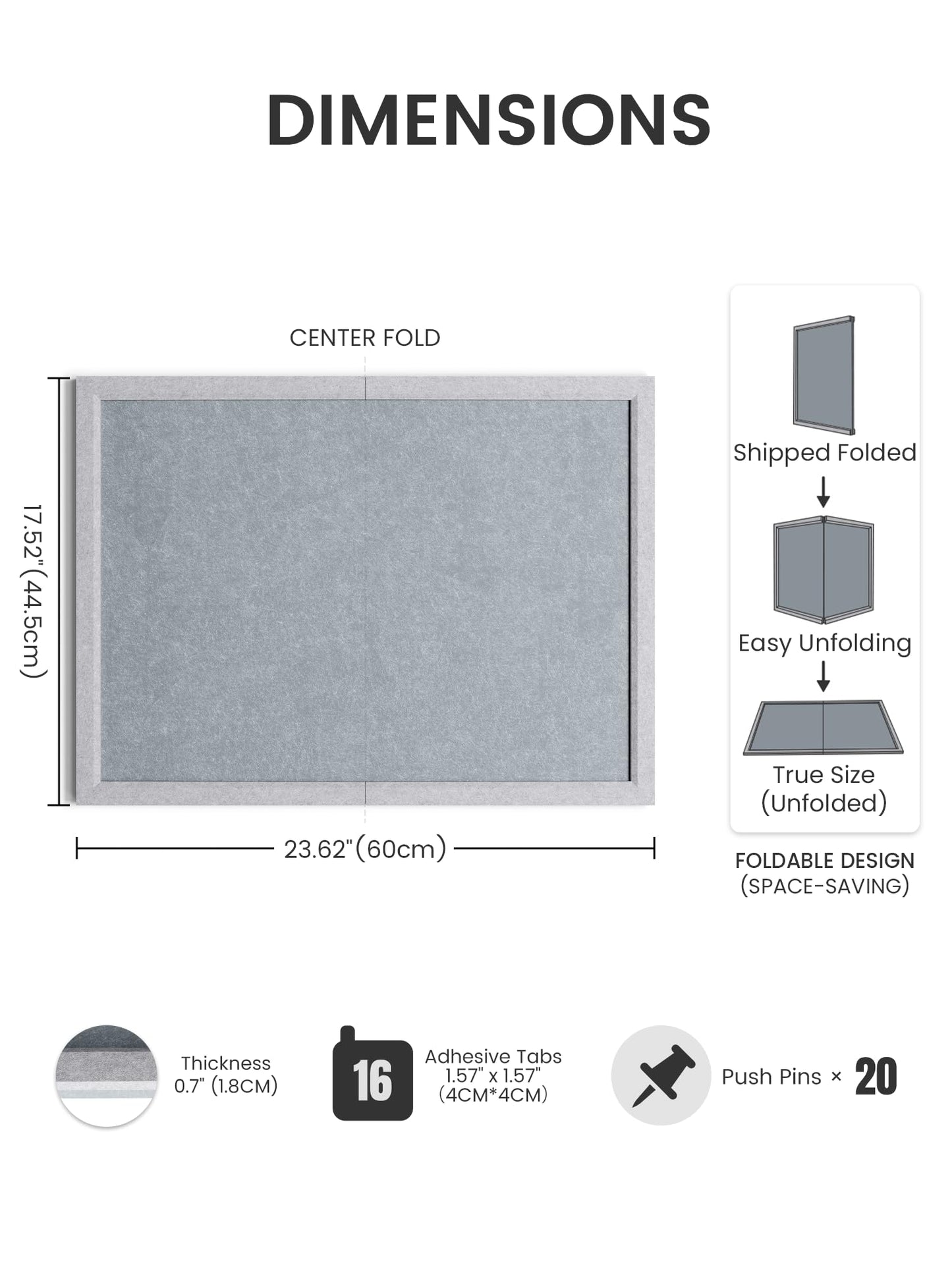 Fluxynara Foldable Cork Board Alternative, Felt Bulletin Board 23.6" x 17.5" Soft Gray Frame with 12 Adhesive Tabs, Pin Board for Home Office, Classroom, Entryway, Kitchen Wall Decor—Blue Gray