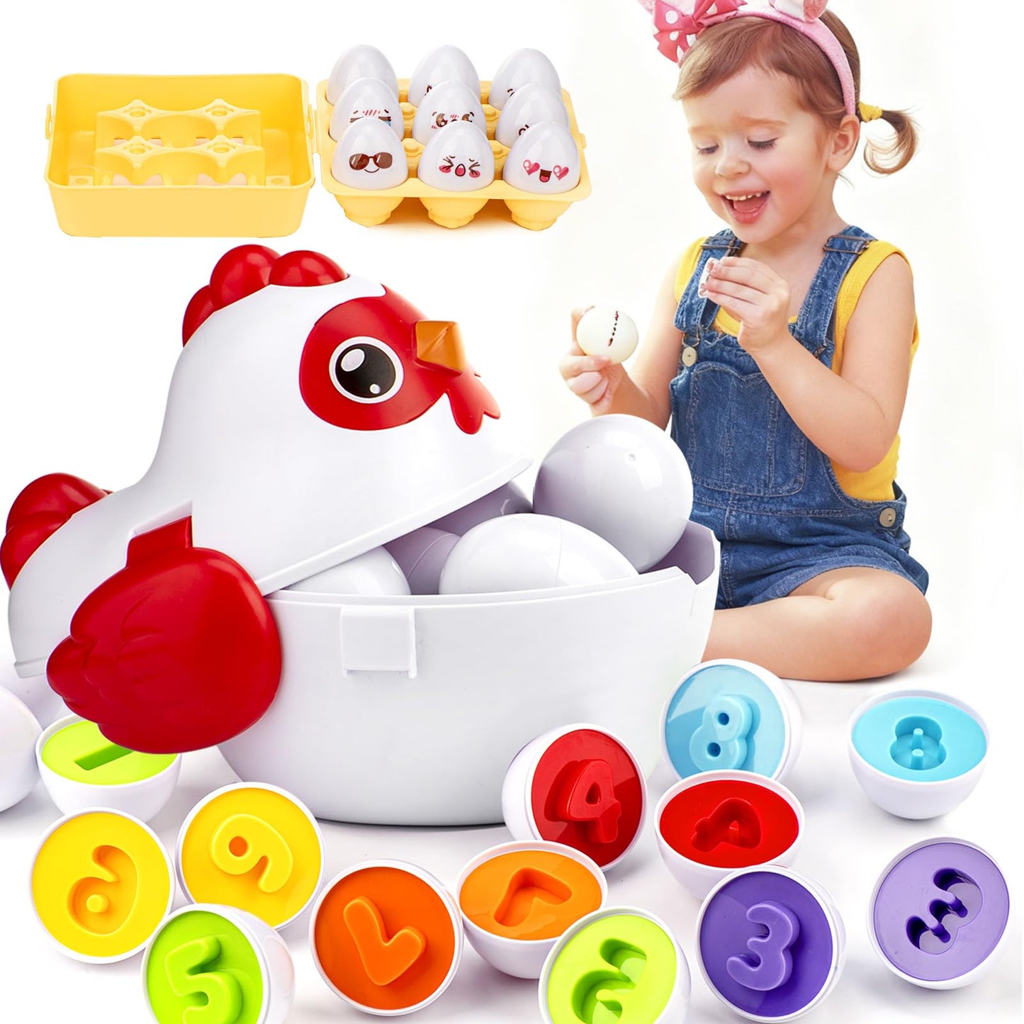 VROGTIK Easter Egg Matching Game, 24-Piece Easter Basket Stuffers for Kids, Color Shape Number Recognition Educational Toddler Toys, Chicken Storage Box Preschool Learning Toy for Boys Girls